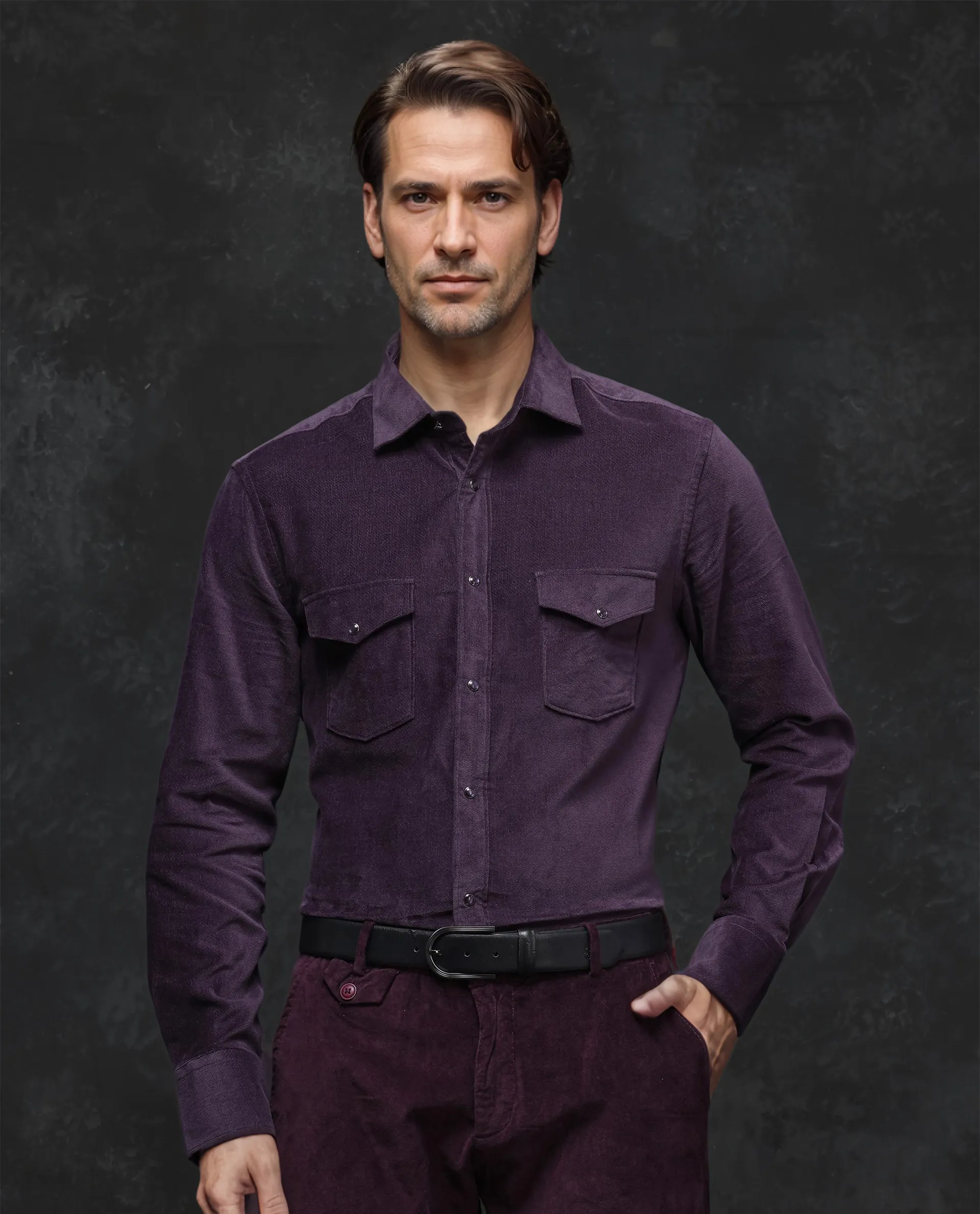 Rare Rabbit Men's Cordin-2 Dusky Purple Cotton Plain Regular Fit Full Sleeve Collared Shirt