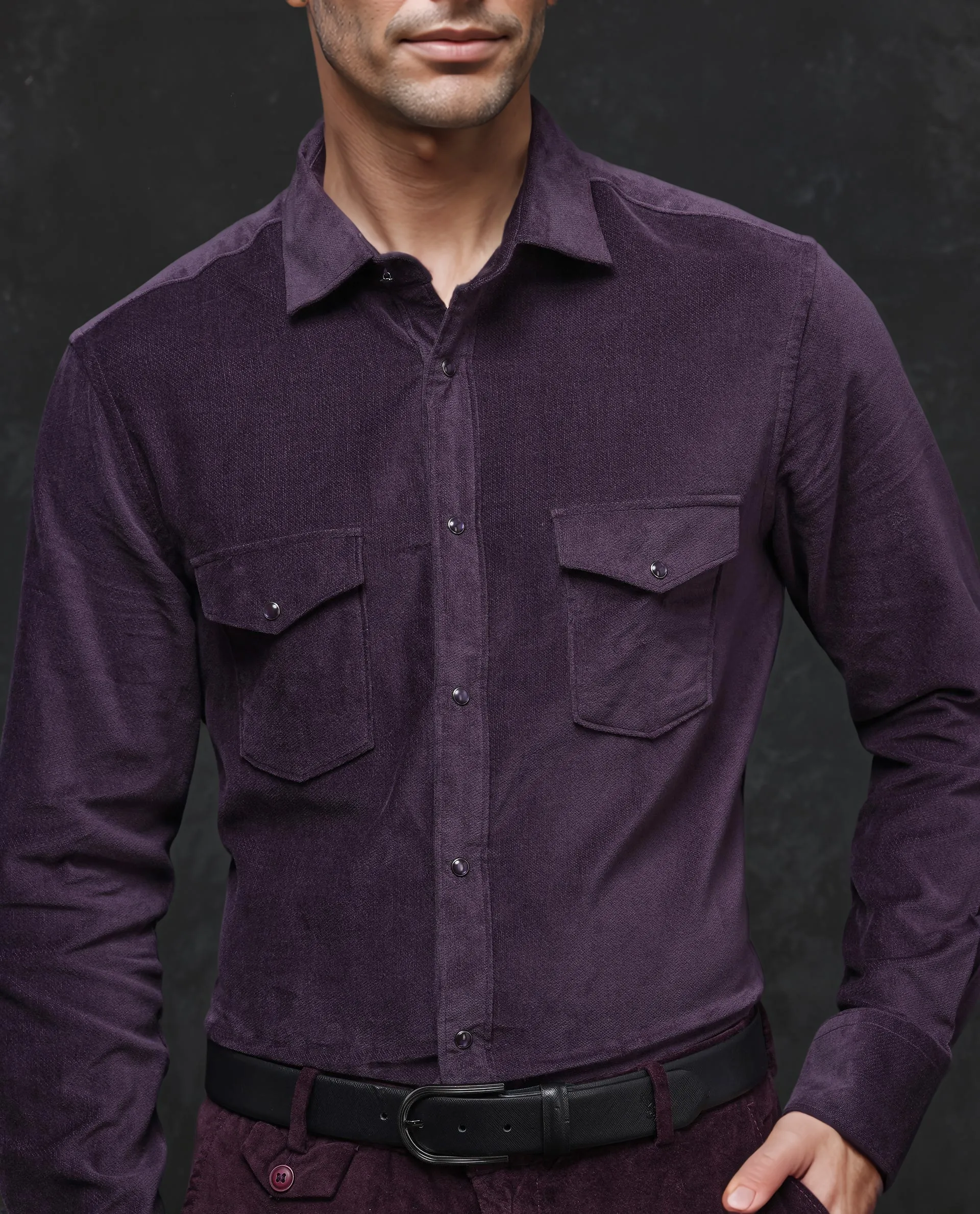 Rare Rabbit Men's Cordin-2 Dusky Purple Cotton Plain Regular Fit Full Sleeve Collared Shirt - Image 2