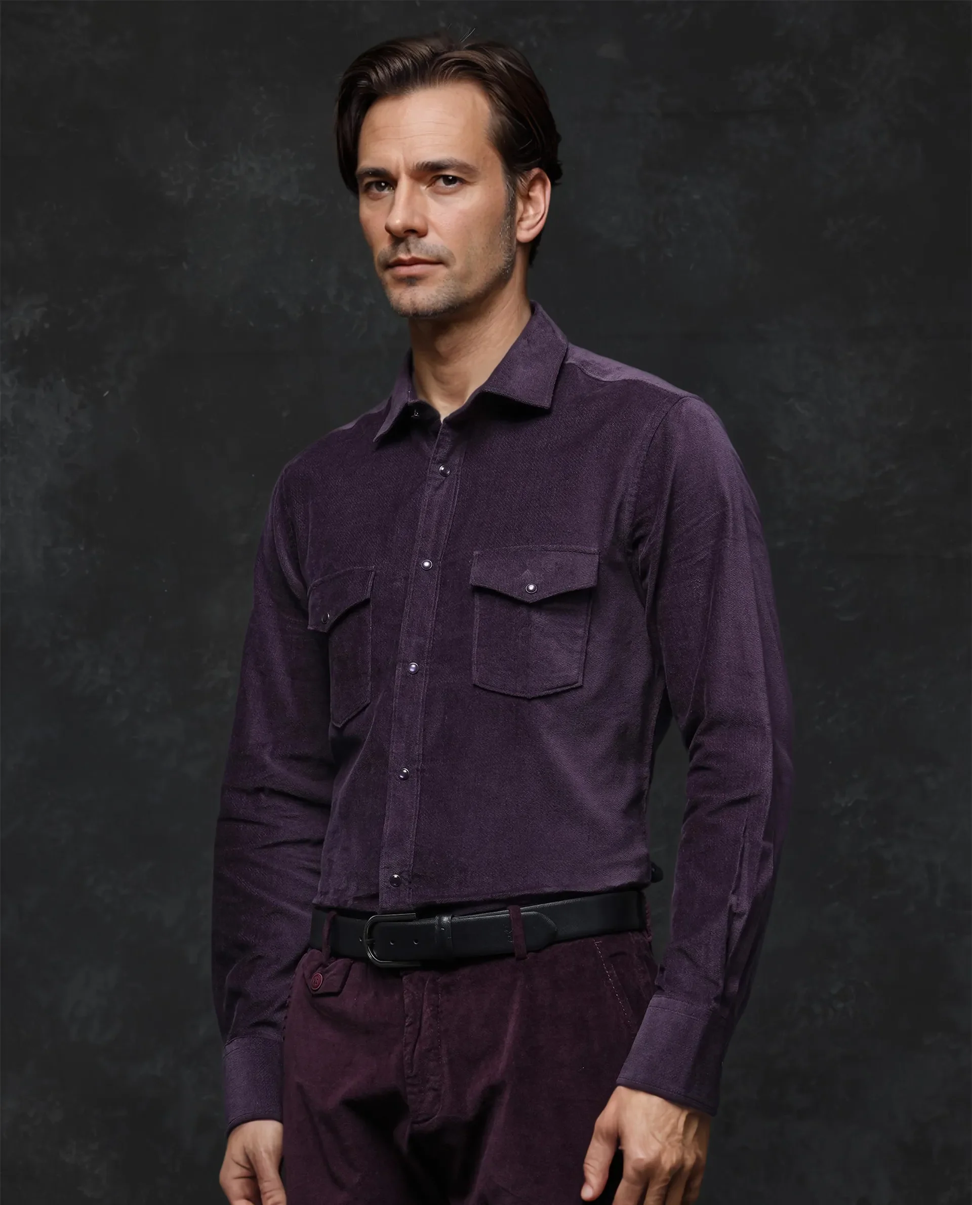 Rare Rabbit Men's Cordin-2 Dusky Purple Cotton Plain Regular Fit Full Sleeve Collared Shirt - Image 3