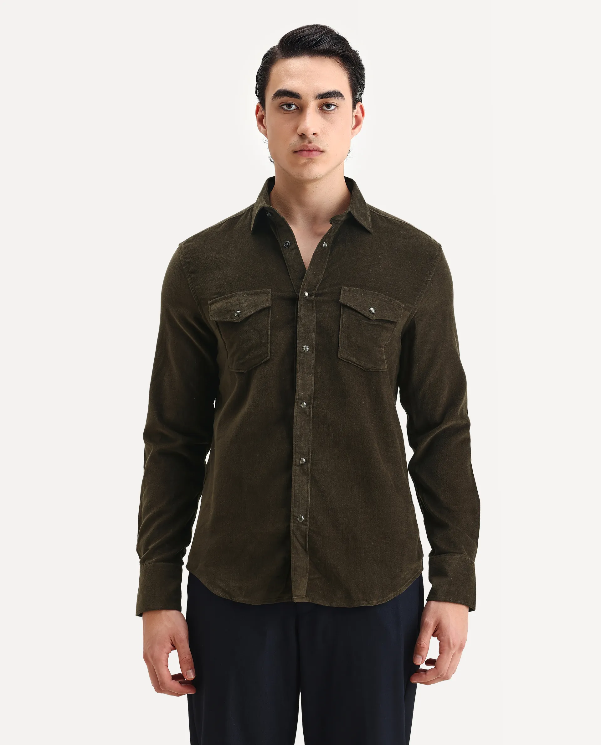 Rare Rabbit Men's Cordin-2 Olive Cotton Plain Regular Fit Full Sleeve Collared Shirt - Image 4
