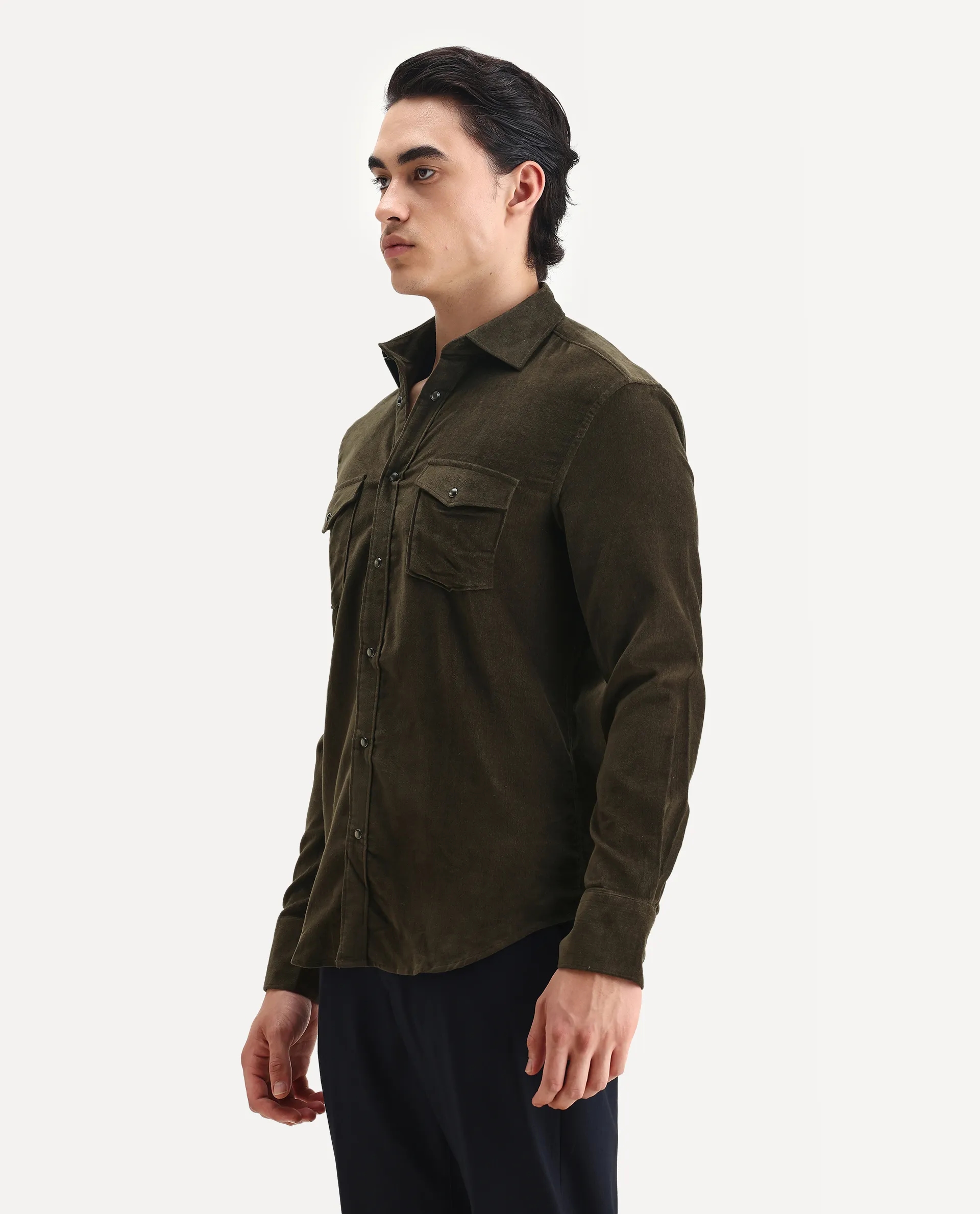 Rare Rabbit Men's Cordin-2 Olive Cotton Plain Regular Fit Full Sleeve Collared Shirt - Image 5