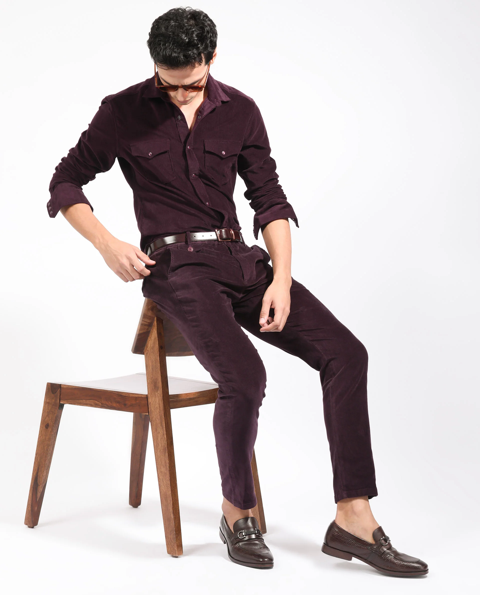 Rare Rabbit Men's Cordini Maroon Plain Regular Fit Full Sleeve Collared Shirt - Image 4