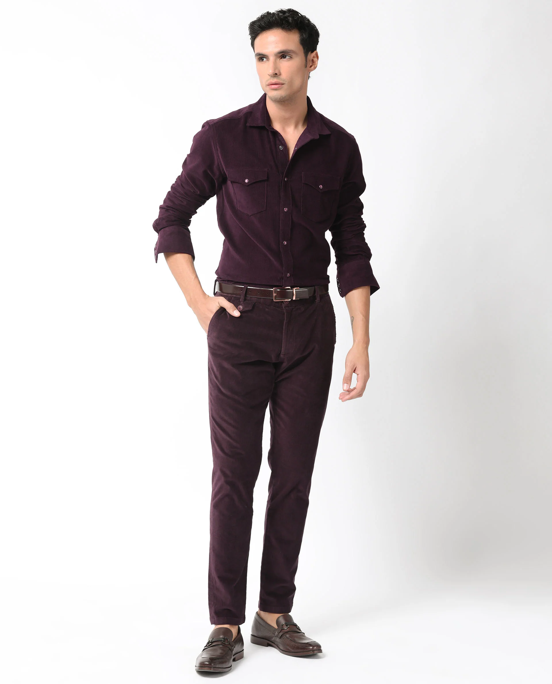 Rare Rabbit Men's Cordini Maroon Plain Regular Fit Full Sleeve Collared Shirt - Image 5