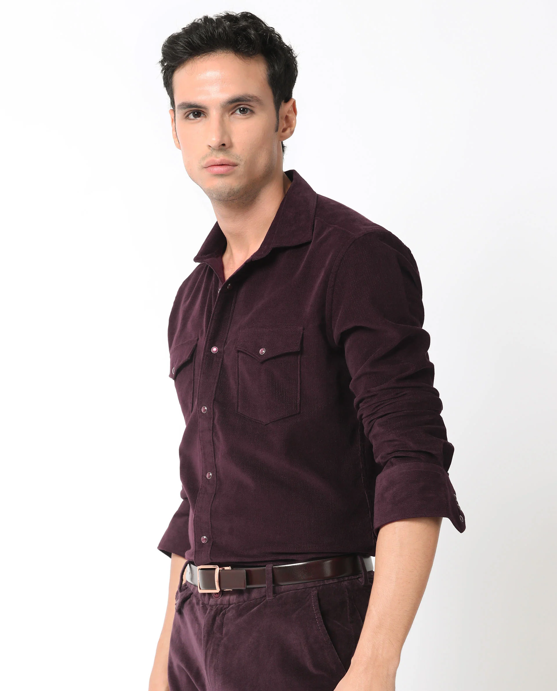 Rare Rabbit Men's Cordini Maroon Plain Regular Fit Full Sleeve Collared Shirt - Image 6