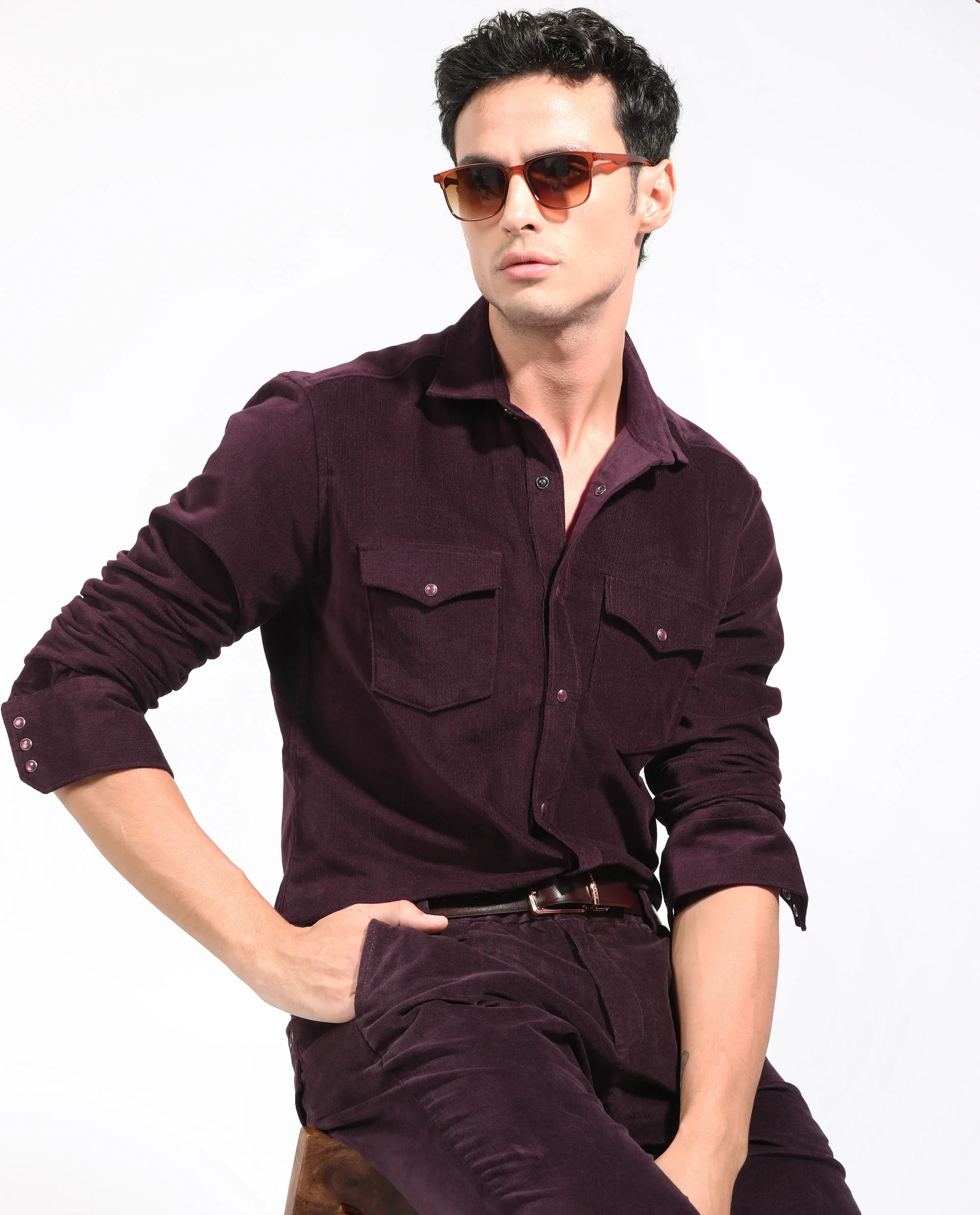 Rare Rabbit Men's Cordini Maroon Plain Regular Fit Full Sleeve Collared Shirt - Image 7