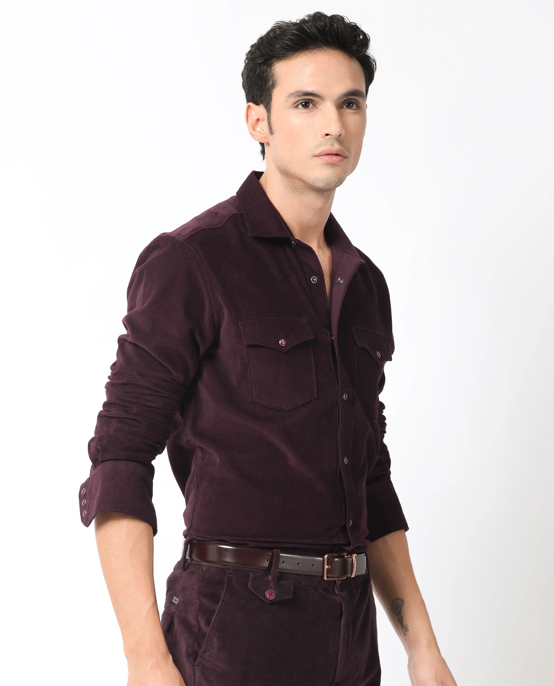Rare Rabbit Men's Cordini Maroon Plain Regular Fit Full Sleeve Collared Shirt - Image 8
