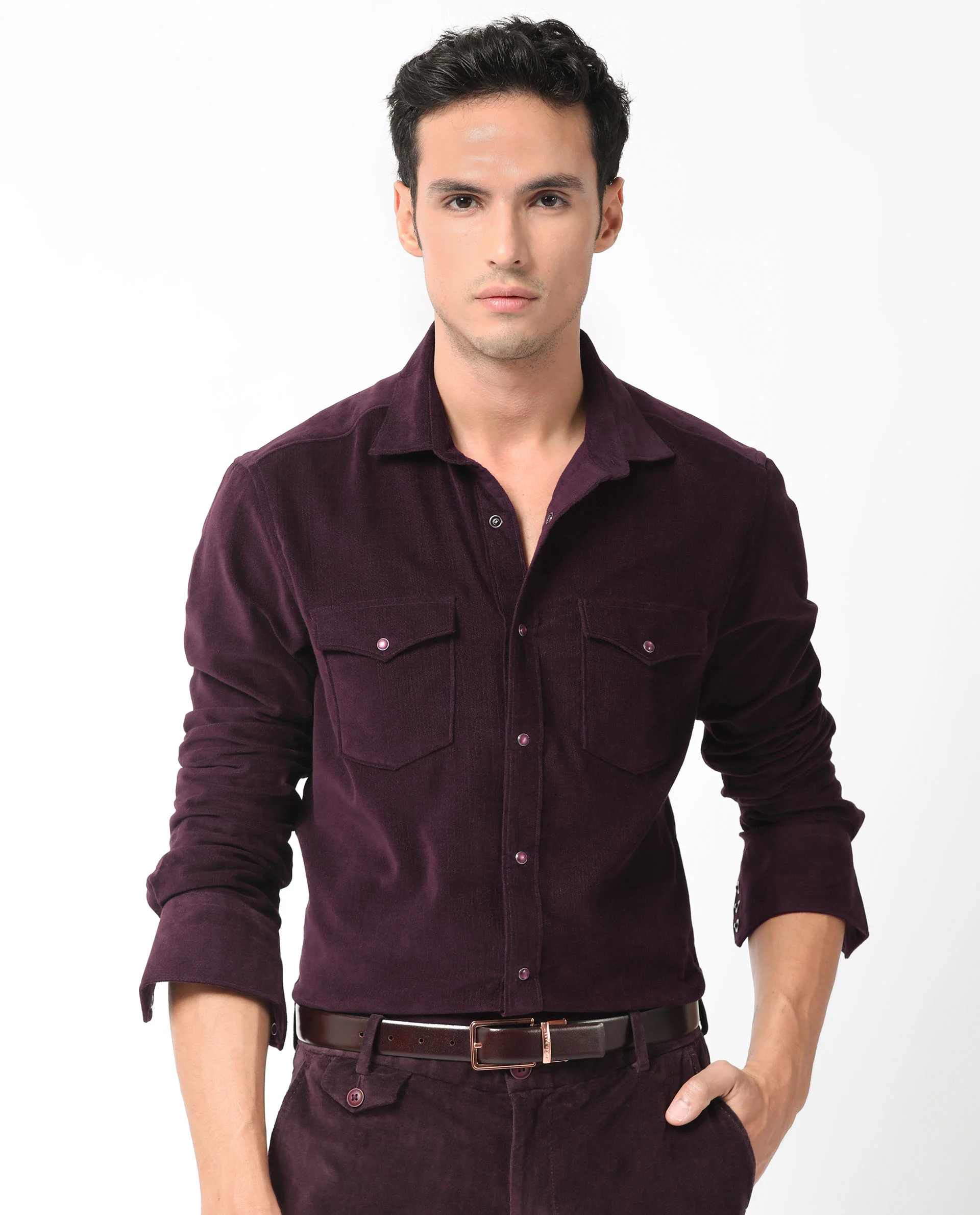 Rare Rabbit Men's Cordini Maroon Plain Regular Fit Full Sleeve Collared Shirt - Image 9