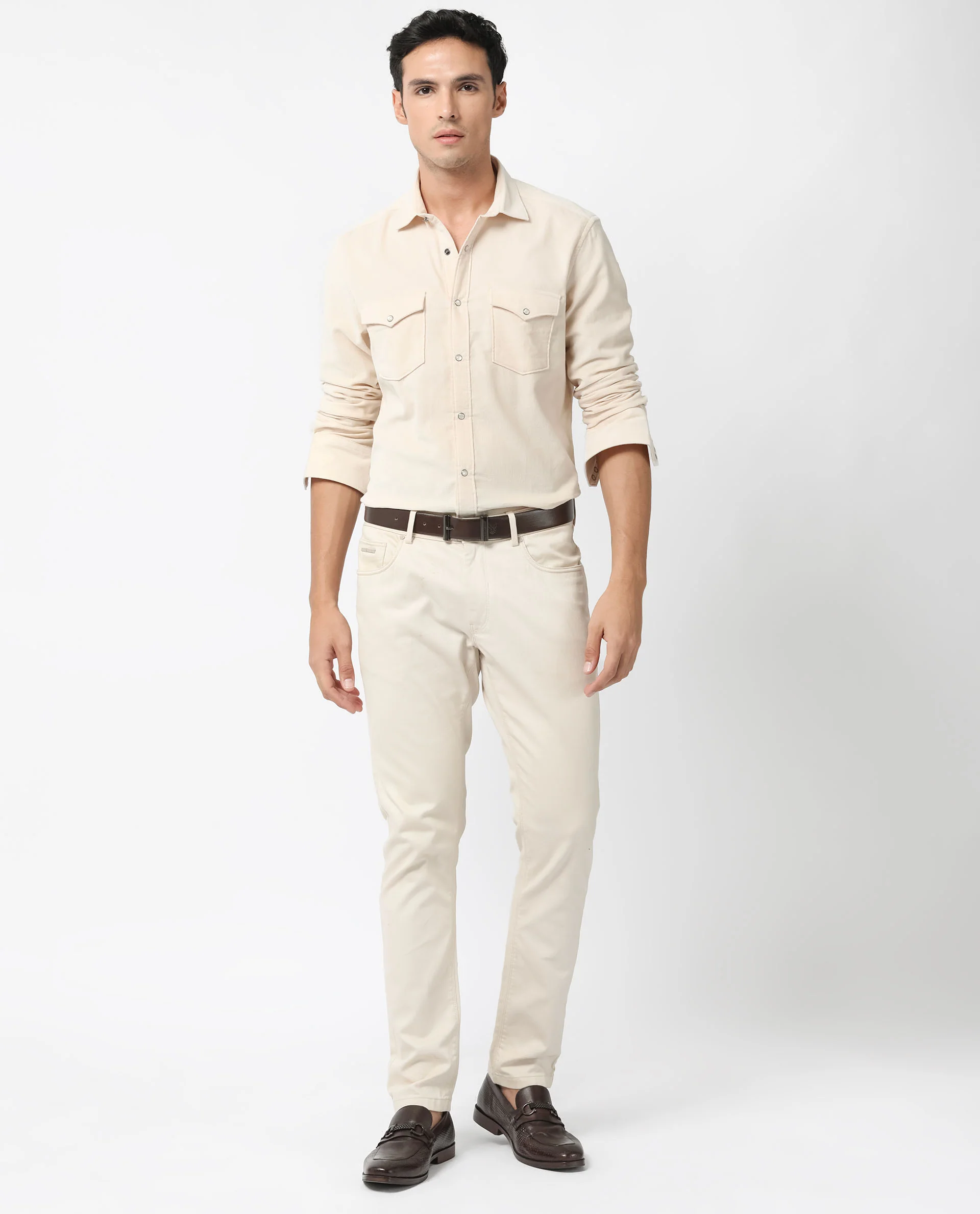 Rare Rabbit Men's Cordini Off White Cotton Plain Regular Fit Full Sleeve Spread Collar Shirt - Image 4