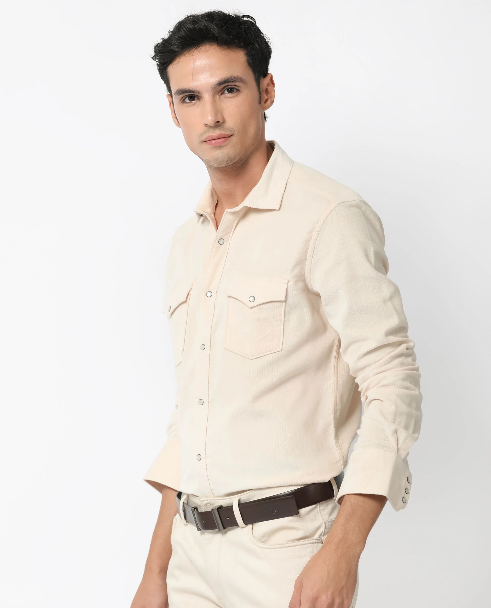 Rare Rabbit Men's Cordini Off White Cotton Plain Regular Fit Full Sleeve Spread Collar Shirt - Image 6