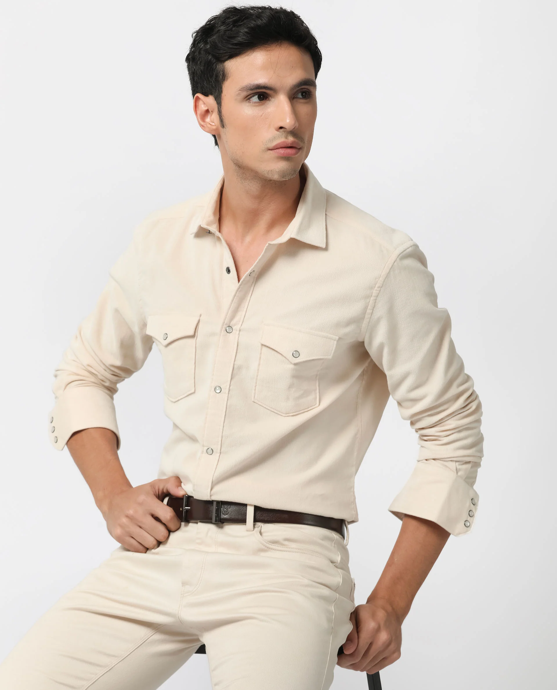 Rare Rabbit Men's Cordini Off White Cotton Plain Regular Fit Full Sleeve Spread Collar Shirt - Image 7