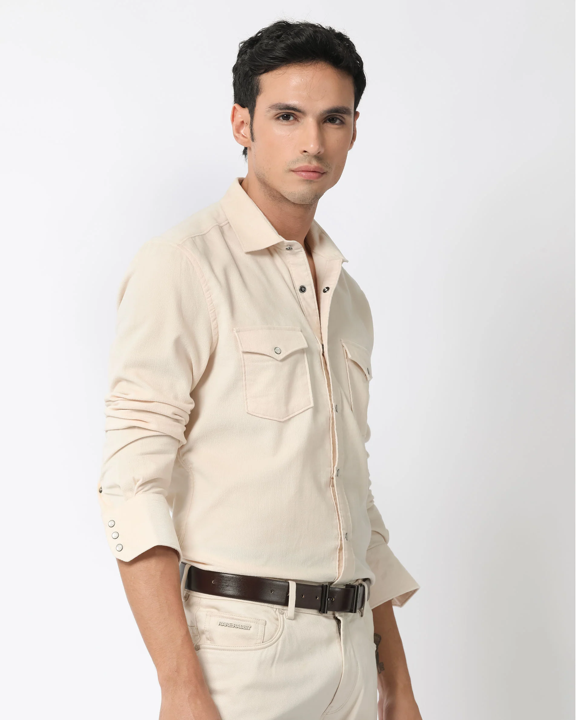 Rare Rabbit Men's Cordini Off White Cotton Plain Regular Fit Full Sleeve Spread Collar Shirt - Image 8