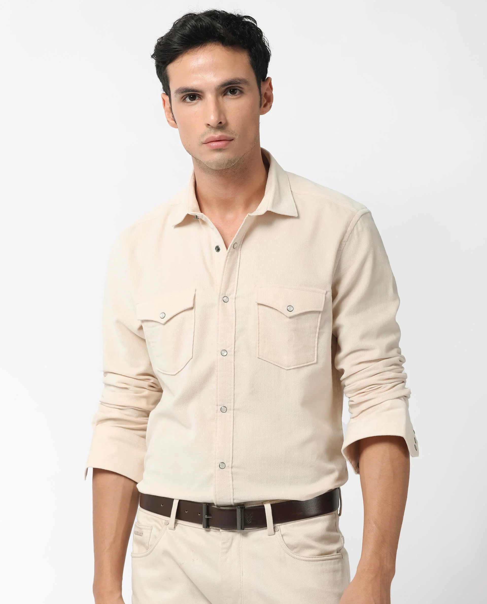 Rare Rabbit Men's Cordini Off White Cotton Plain Regular Fit Full Sleeve Spread Collar Shirt - Image 9