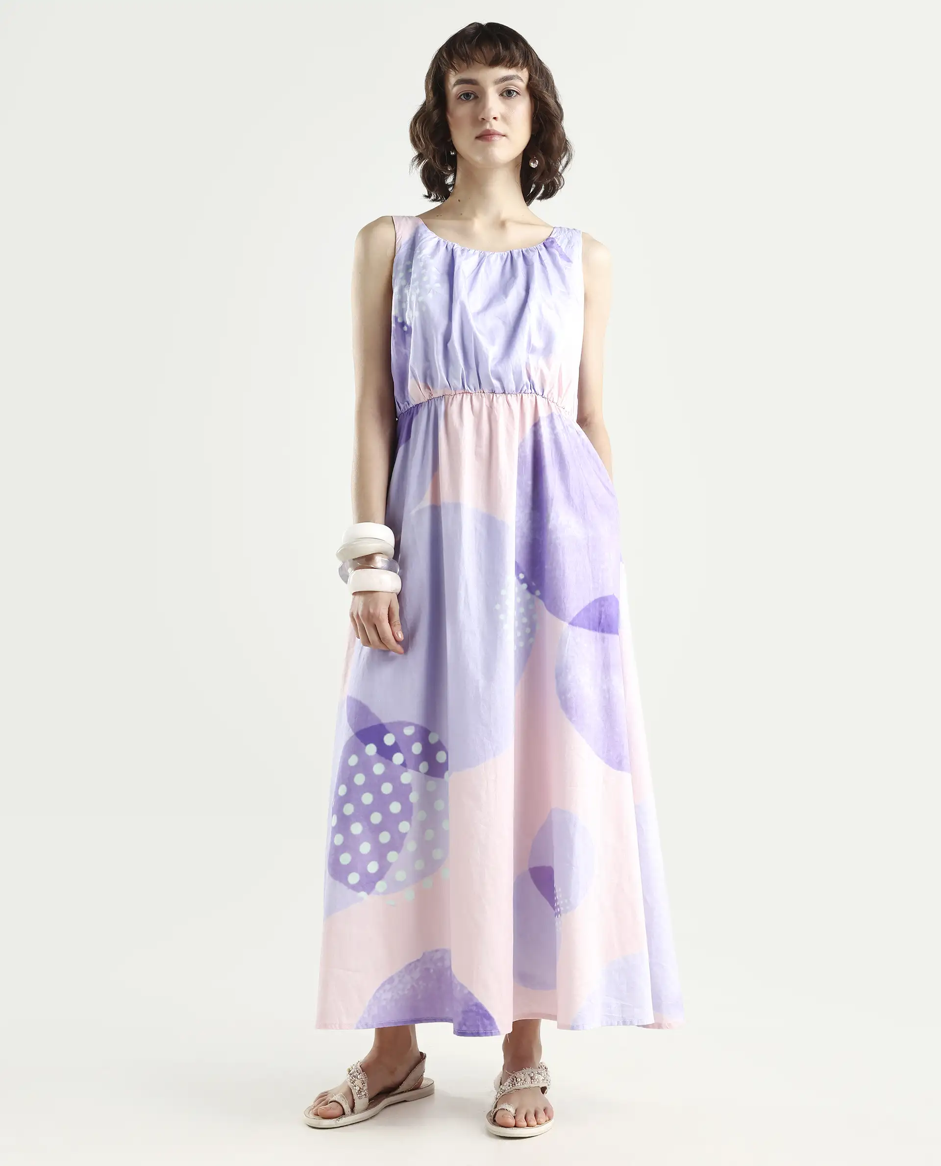 Rareism Women's Cordova Pink Cotton Boat Neck Polka Print Sleeveless Knee Length Tailored Dress - Image 3
