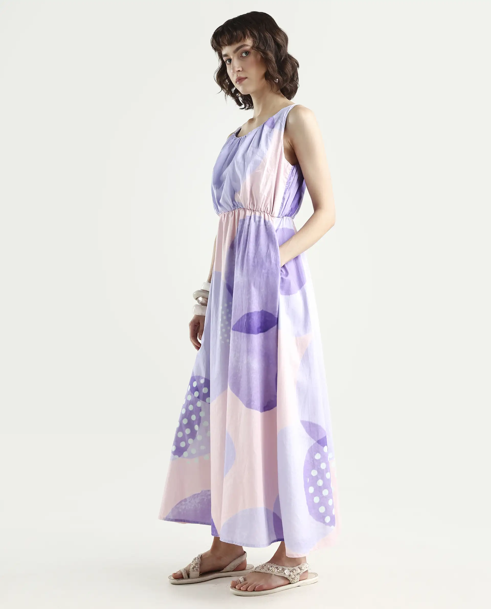 Rareism Women's Cordova Pink Cotton Boat Neck Polka Print Sleeveless Knee Length Tailored Dress - Image 5