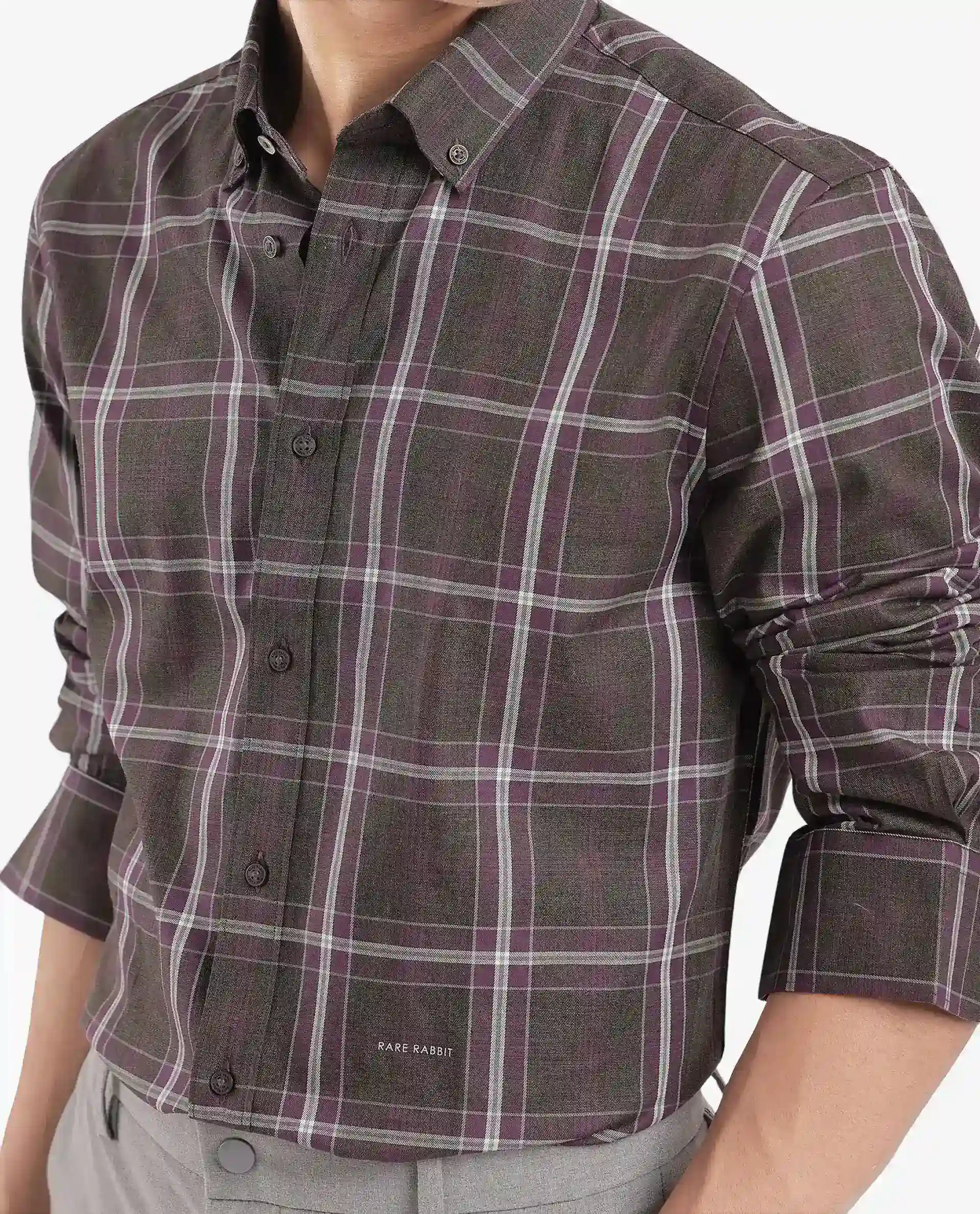 Rare Rabbit Men's Cordy Dark Olive Cotton Checked Print Regular Fit Full Sleeve Collared Shirt - Image 3