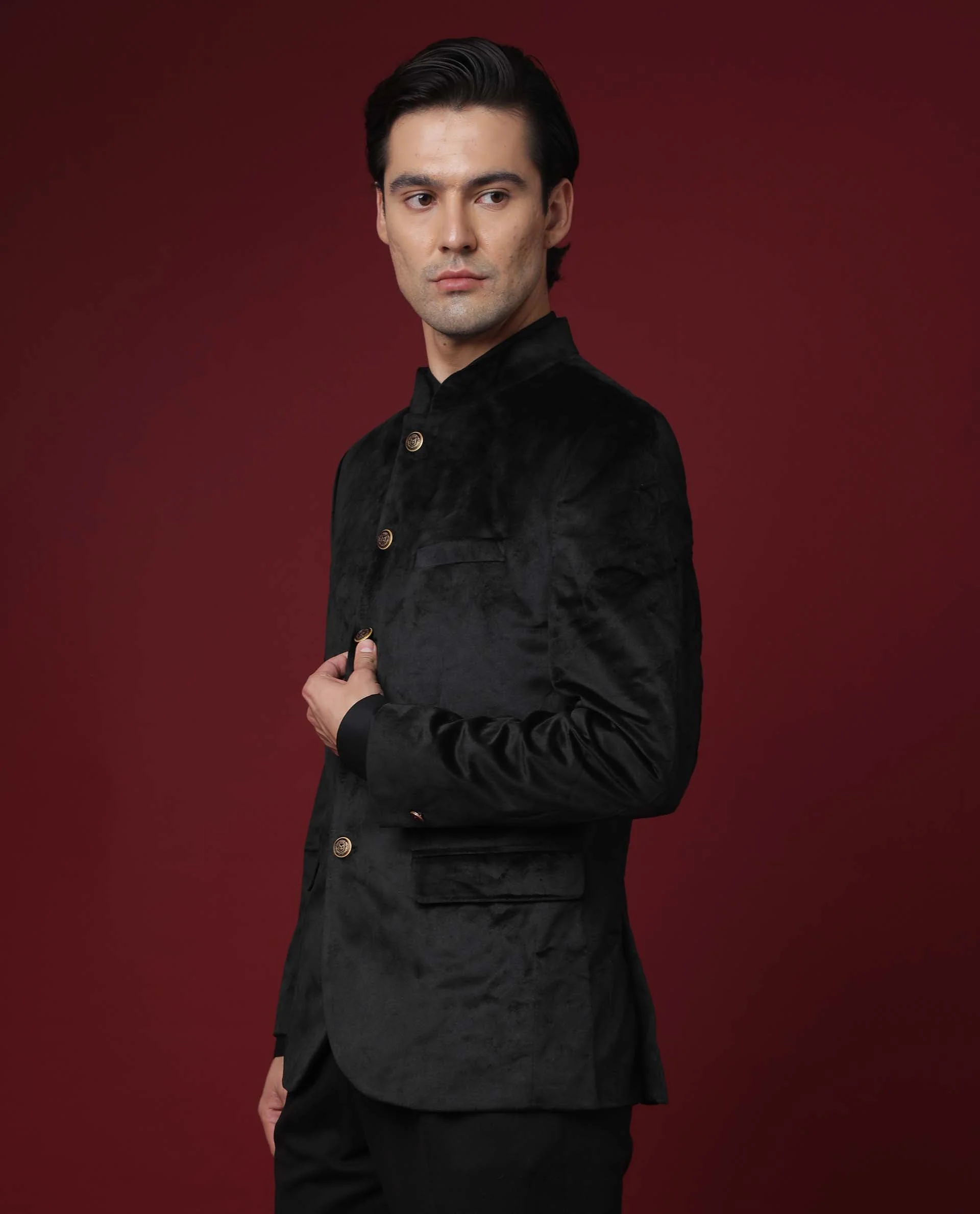 Rare Rabbit Men's Core Black Velvet Plain Tailored Fit Full Sleeve Mandarin Collar BandhgalaJodhpuri