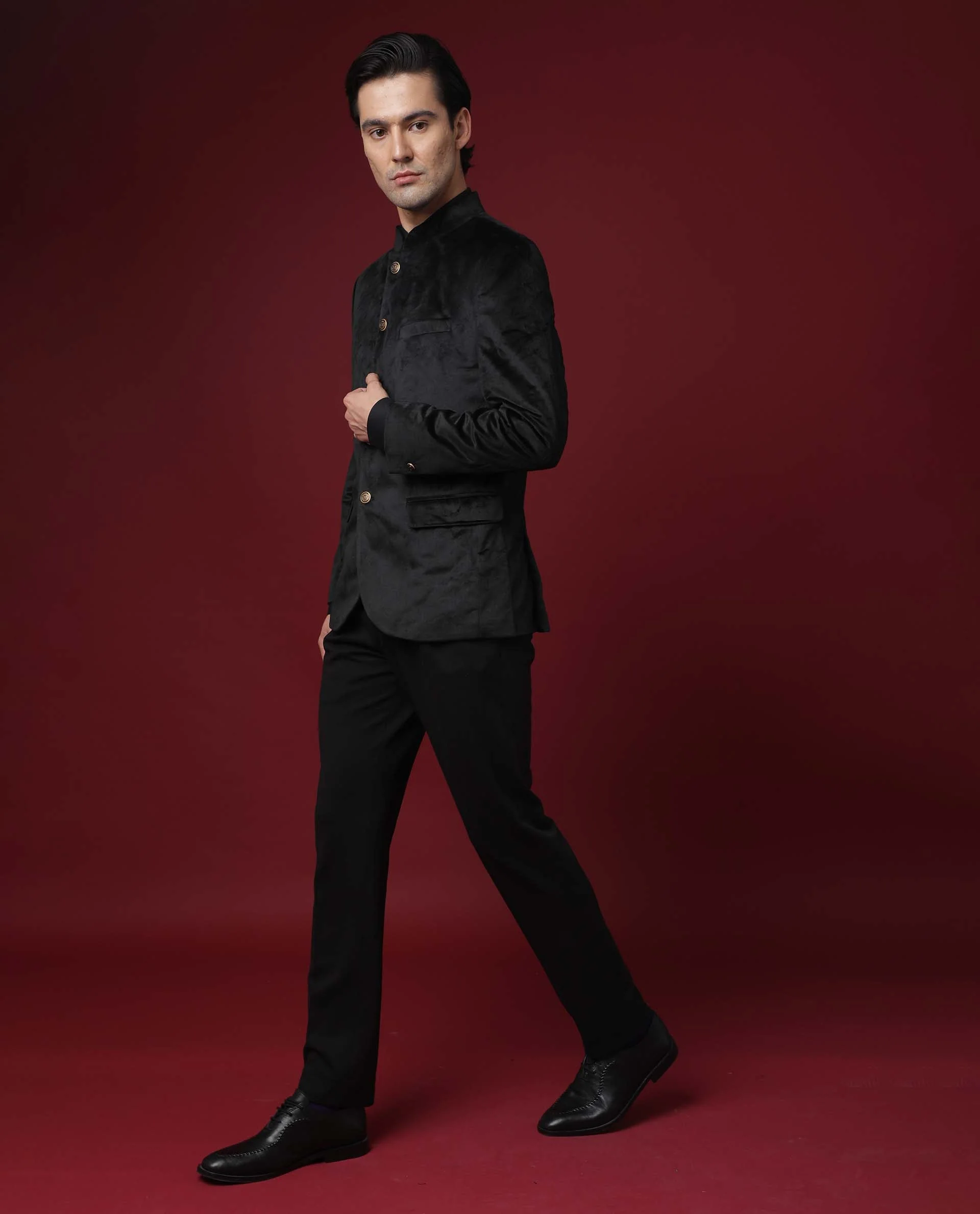 Rare Rabbit Men's Core Black Velvet Plain Tailored Fit Full Sleeve Mandarin Collar BandhgalaJodhpuri - Image 2
