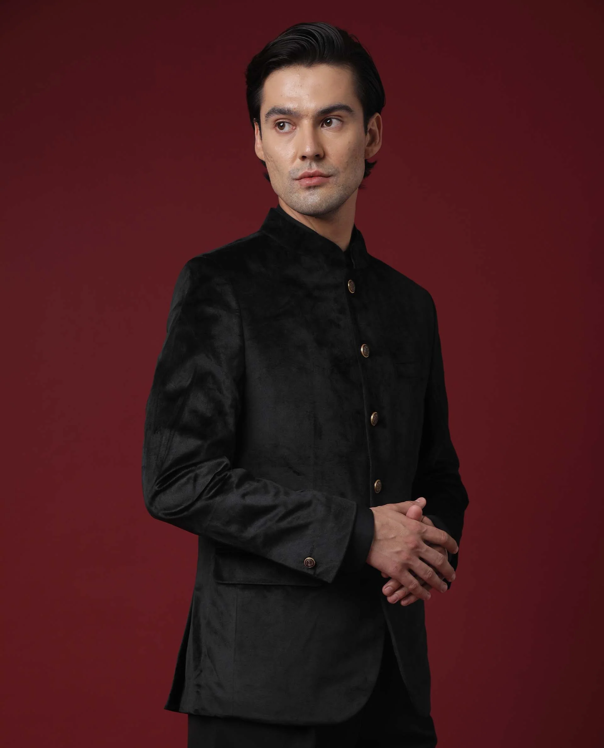 Rare Rabbit Men's Core Black Velvet Plain Tailored Fit Full Sleeve Mandarin Collar BandhgalaJodhpuri - Image 3