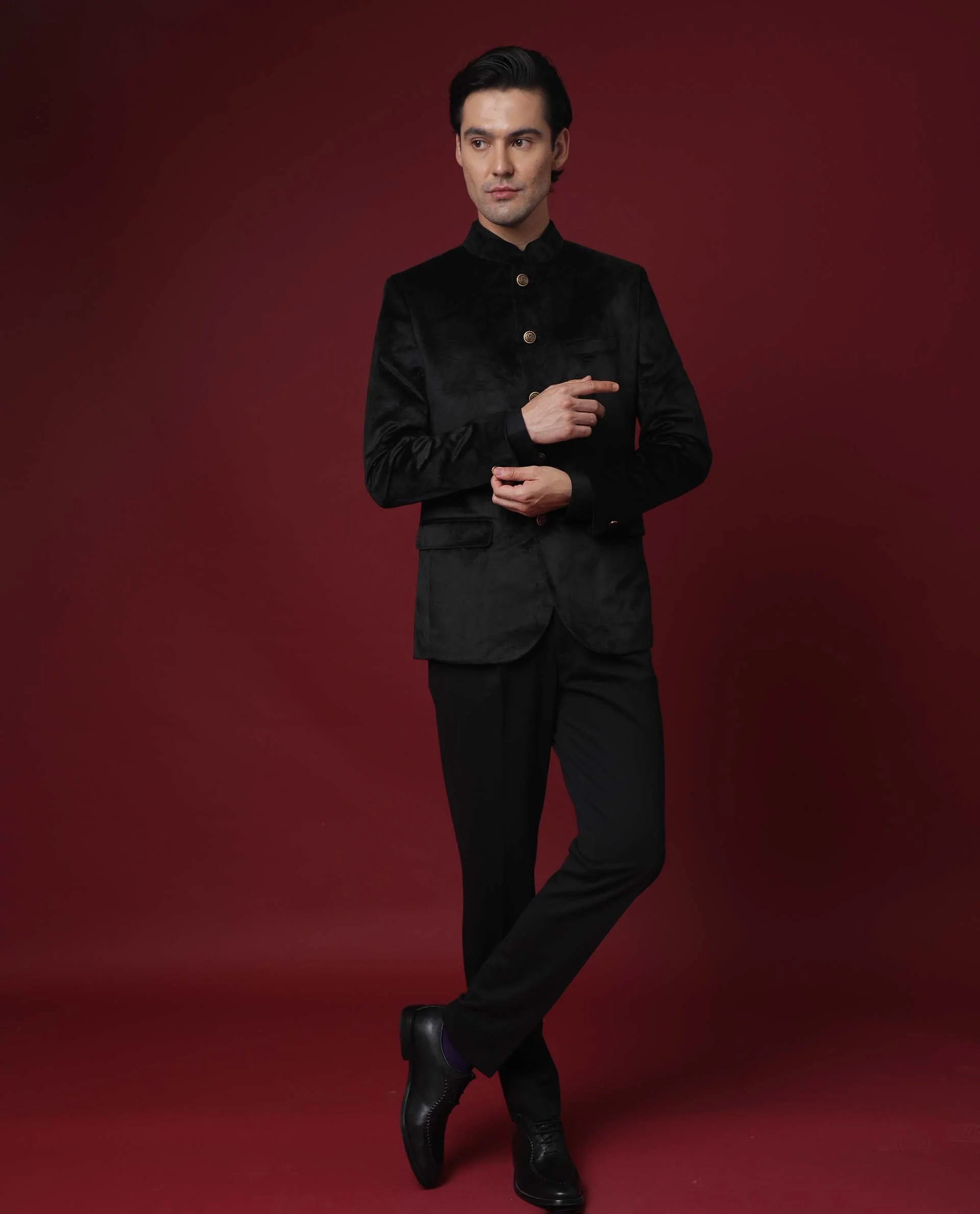 Rare Rabbit Men's Core Black Velvet Plain Tailored Fit Full Sleeve Mandarin Collar BandhgalaJodhpuri - Image 4