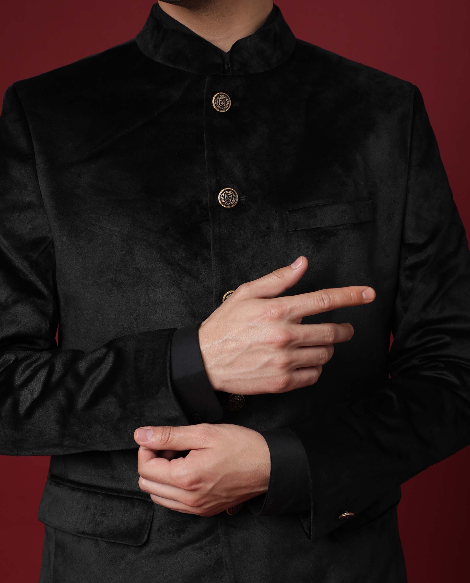 Rare Rabbit Men's Core Black Velvet Plain Tailored Fit Full Sleeve Mandarin Collar BandhgalaJodhpuri - Image 5