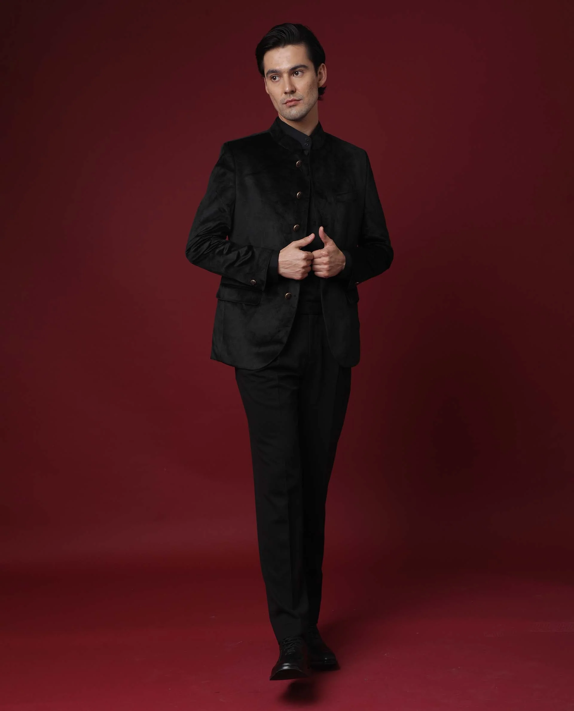 Rare Rabbit Men's Core Black Velvet Plain Tailored Fit Full Sleeve Mandarin Collar BandhgalaJodhpuri - Image 6