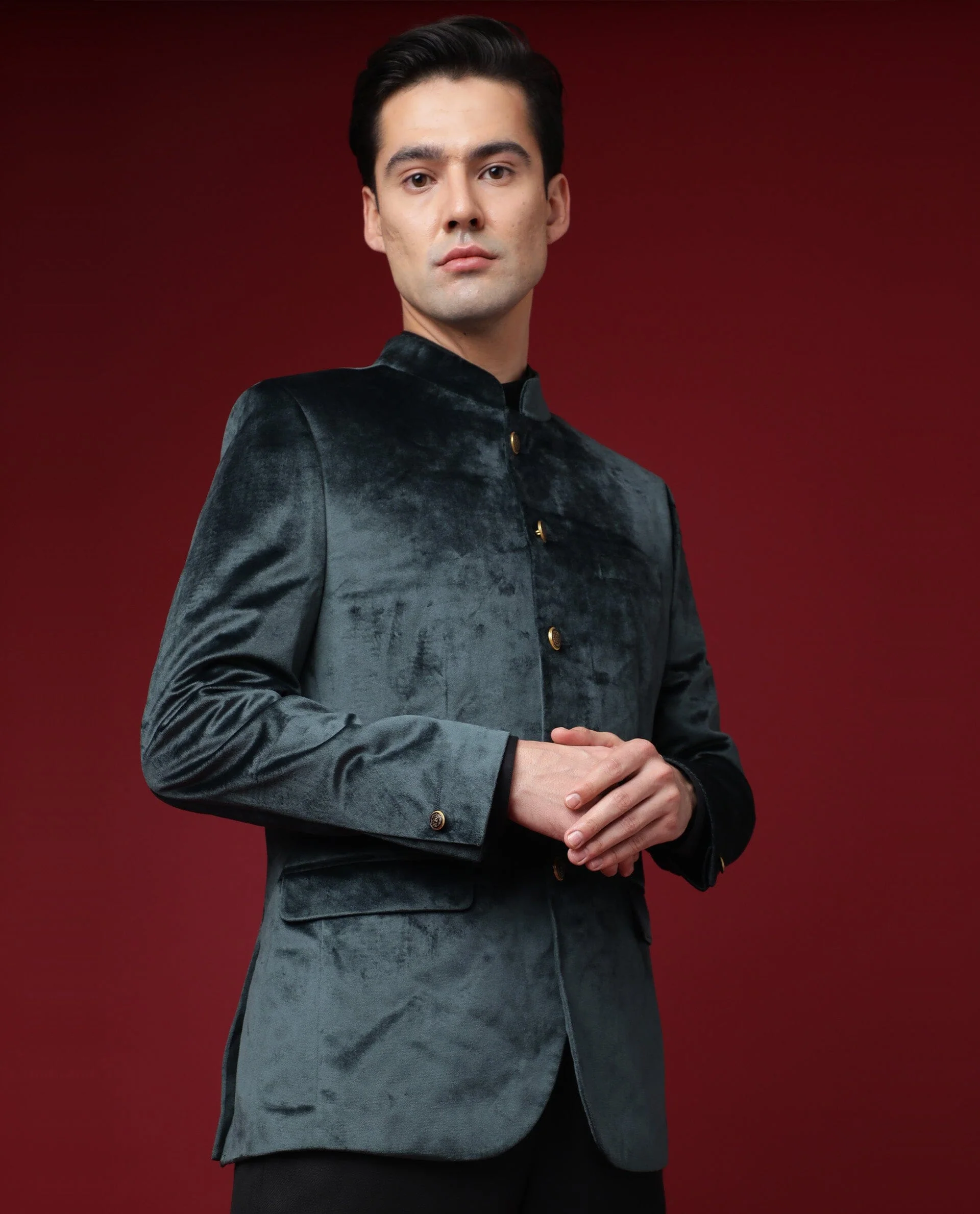 Rare Rabbit Men's Core Green Velvet Plain Tailored Fit Full Sleeve Mandarin Collar Bandhgala Jodhpuri