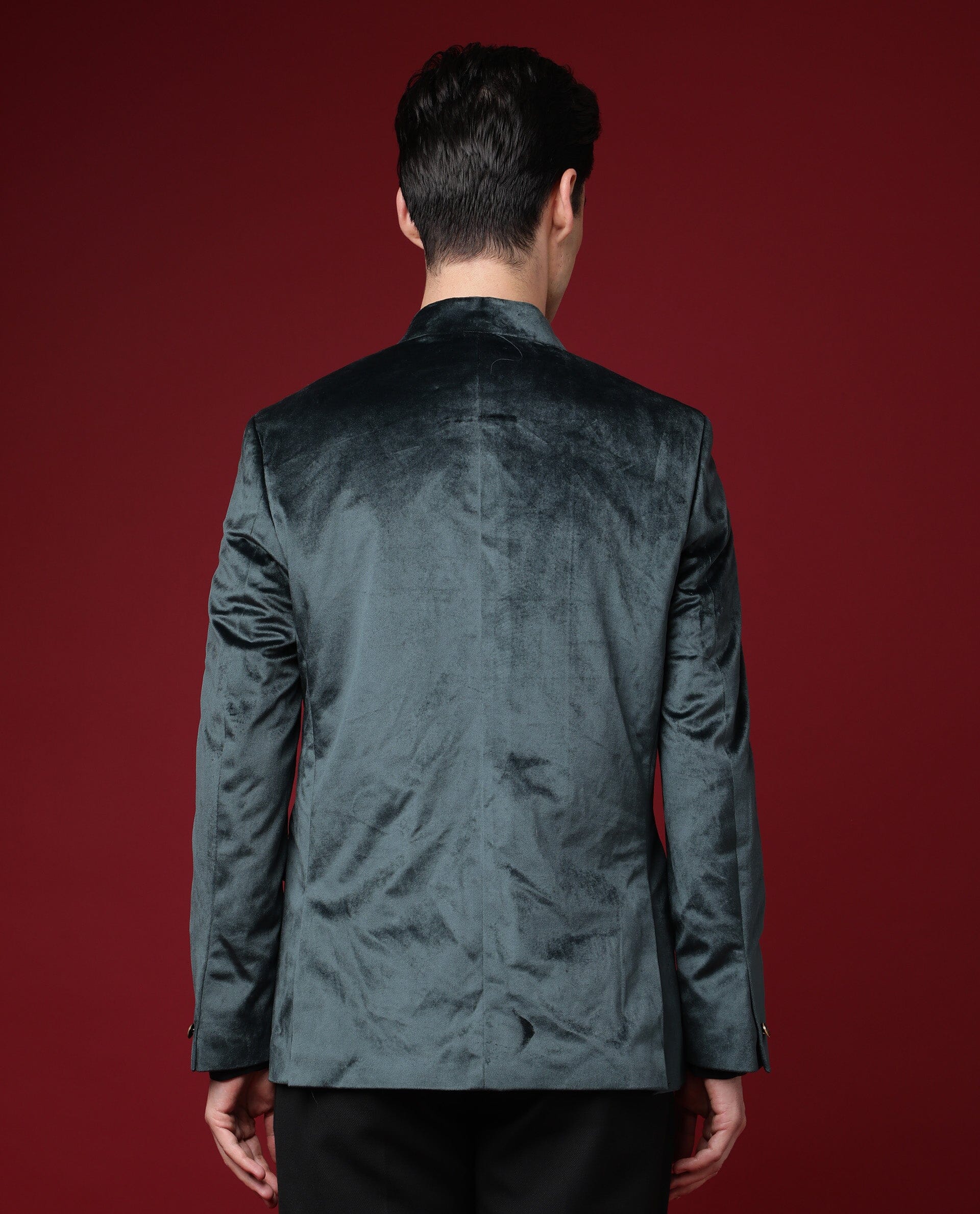 Rare Rabbit Men's Core Green Velvet Plain Tailored Fit Full Sleeve Mandarin Collar Bandhgala Jodhpuri - Image 2