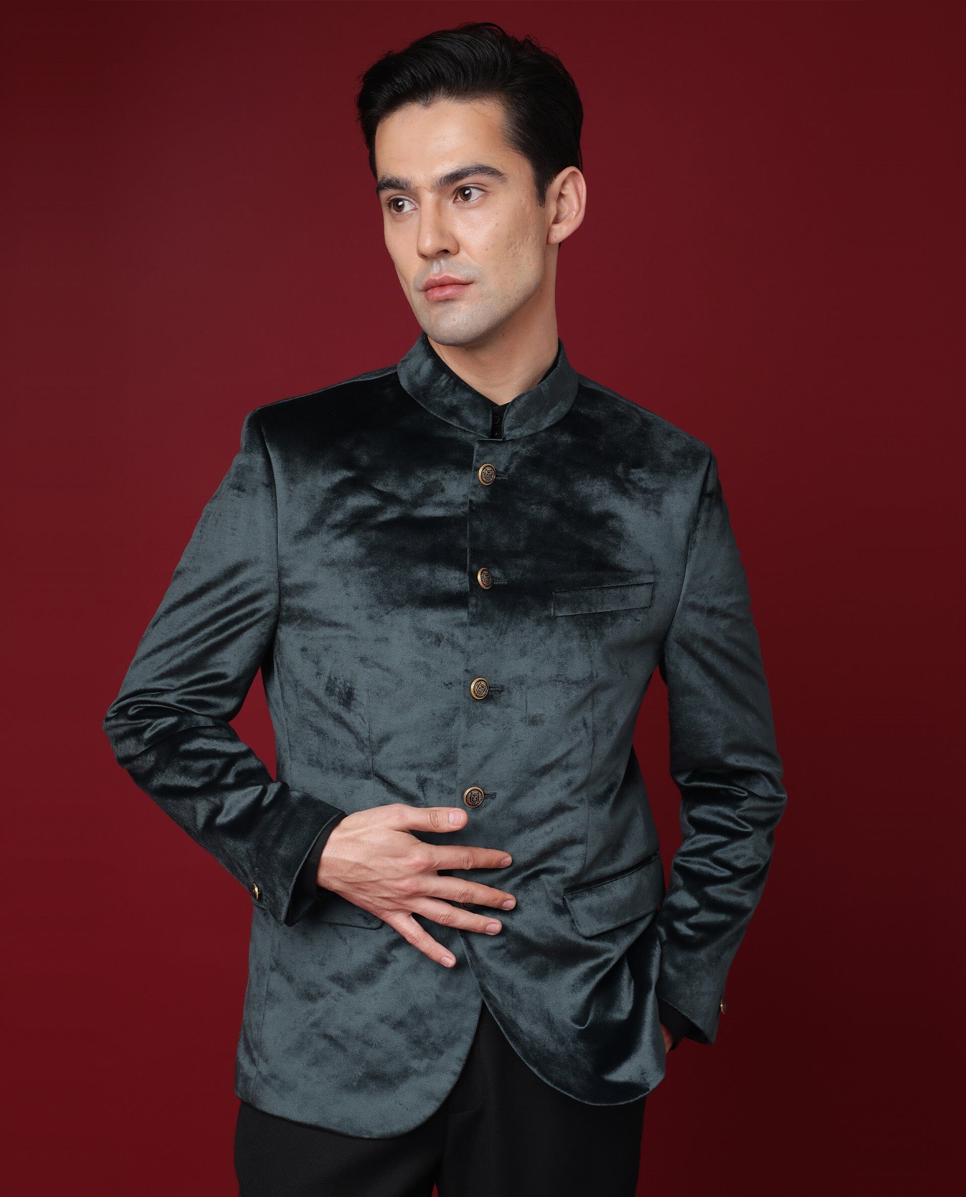 Rare Rabbit Men's Core Green Velvet Plain Tailored Fit Full Sleeve Mandarin Collar Bandhgala Jodhpuri - Image 3