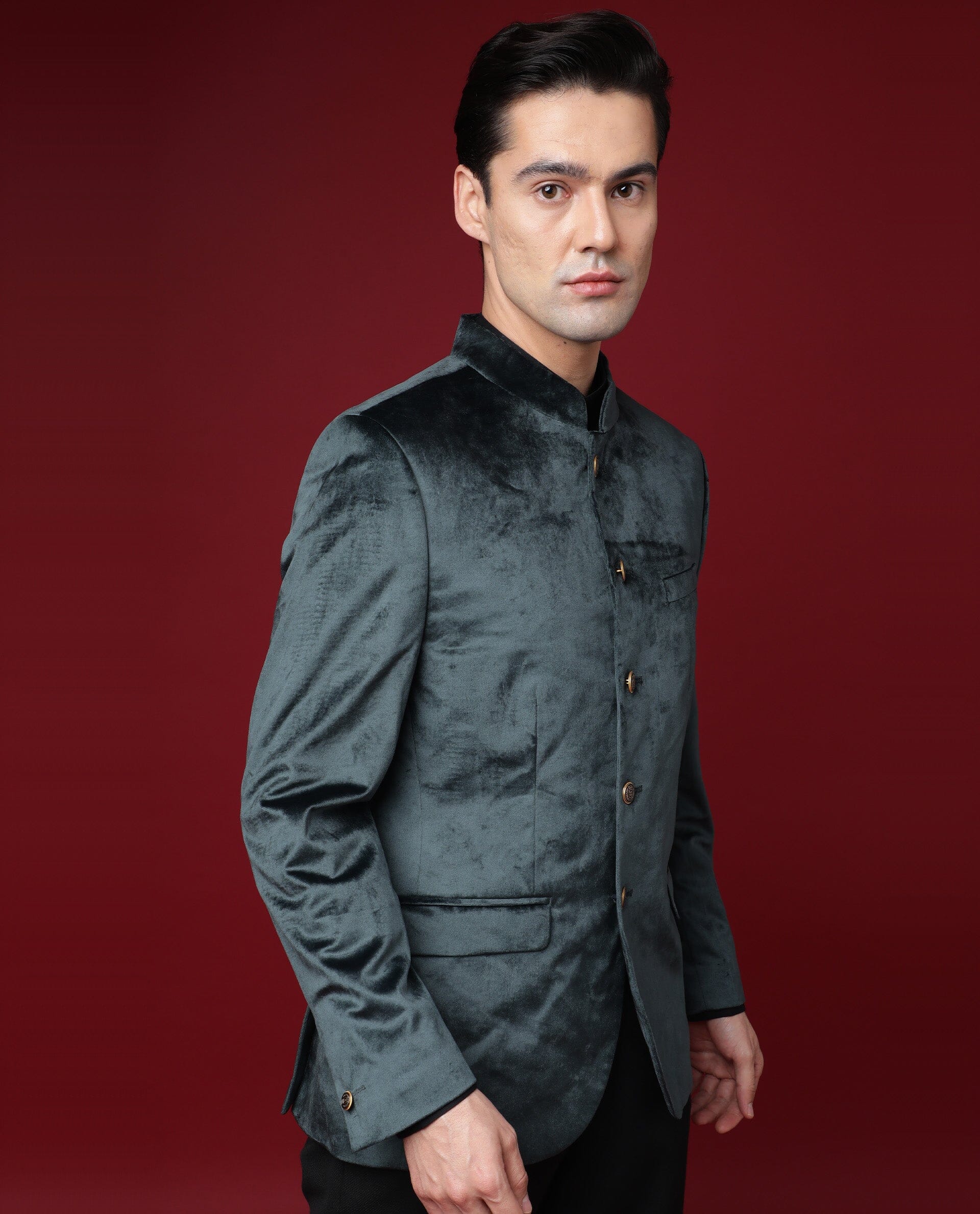 Rare Rabbit Men's Core Green Velvet Plain Tailored Fit Full Sleeve Mandarin Collar Bandhgala Jodhpuri - Image 4
