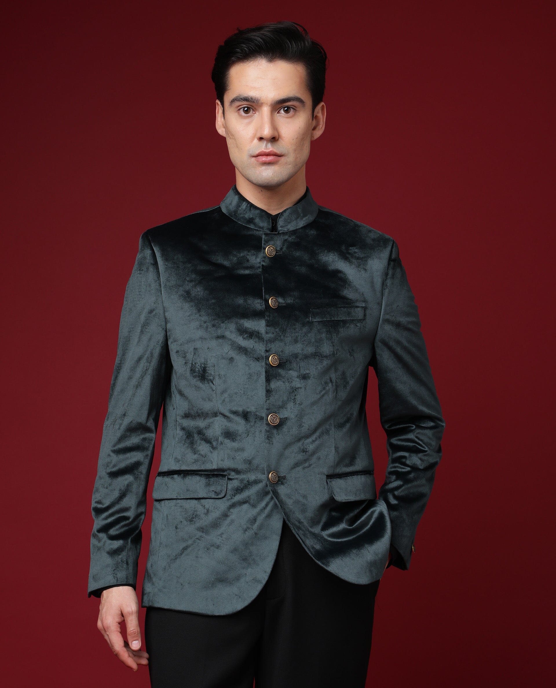 Rare Rabbit Men's Core Green Velvet Plain Tailored Fit Full Sleeve Mandarin Collar Bandhgala Jodhpuri - Image 5