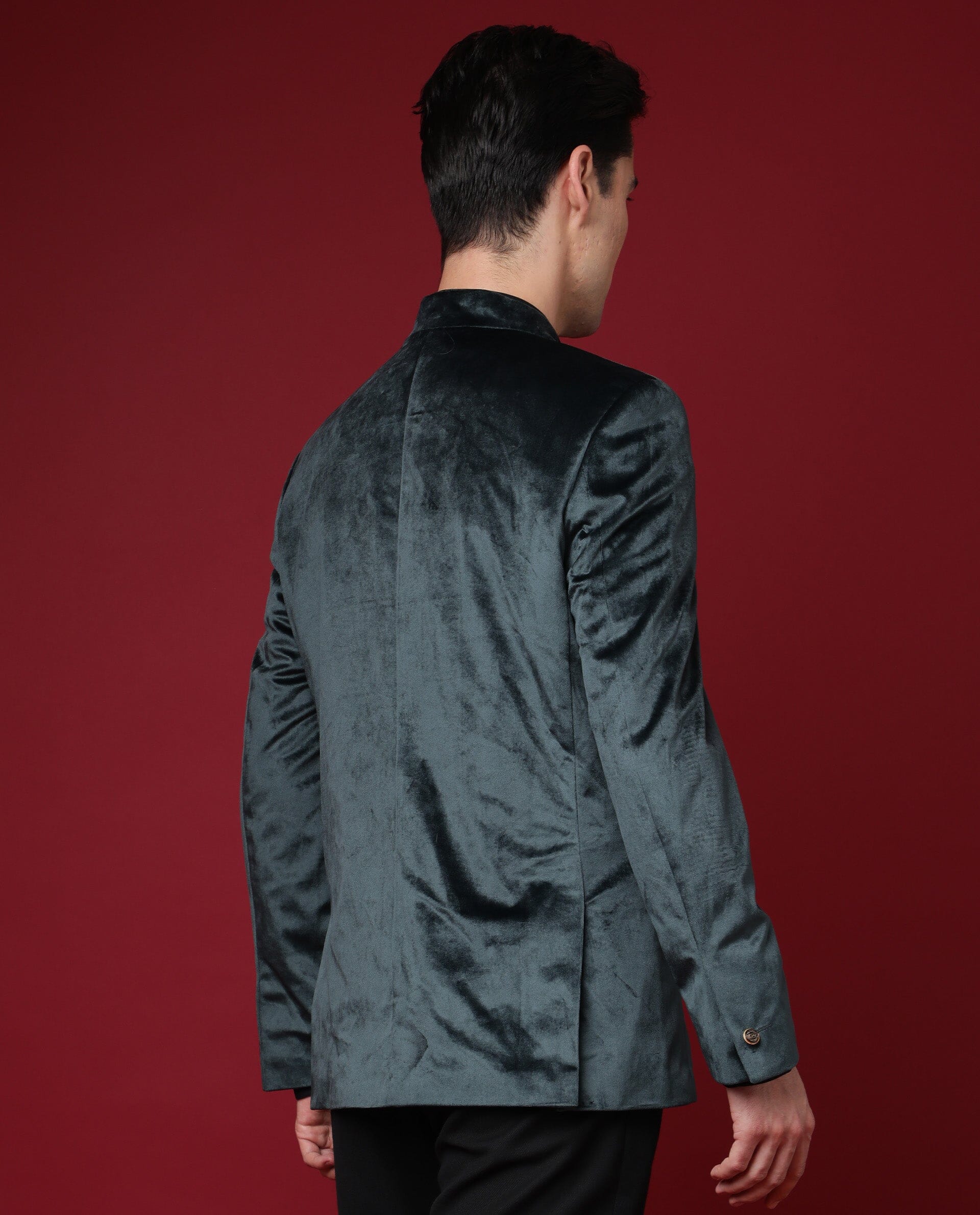 Rare Rabbit Men's Core Green Velvet Plain Tailored Fit Full Sleeve Mandarin Collar Bandhgala Jodhpuri - Image 6