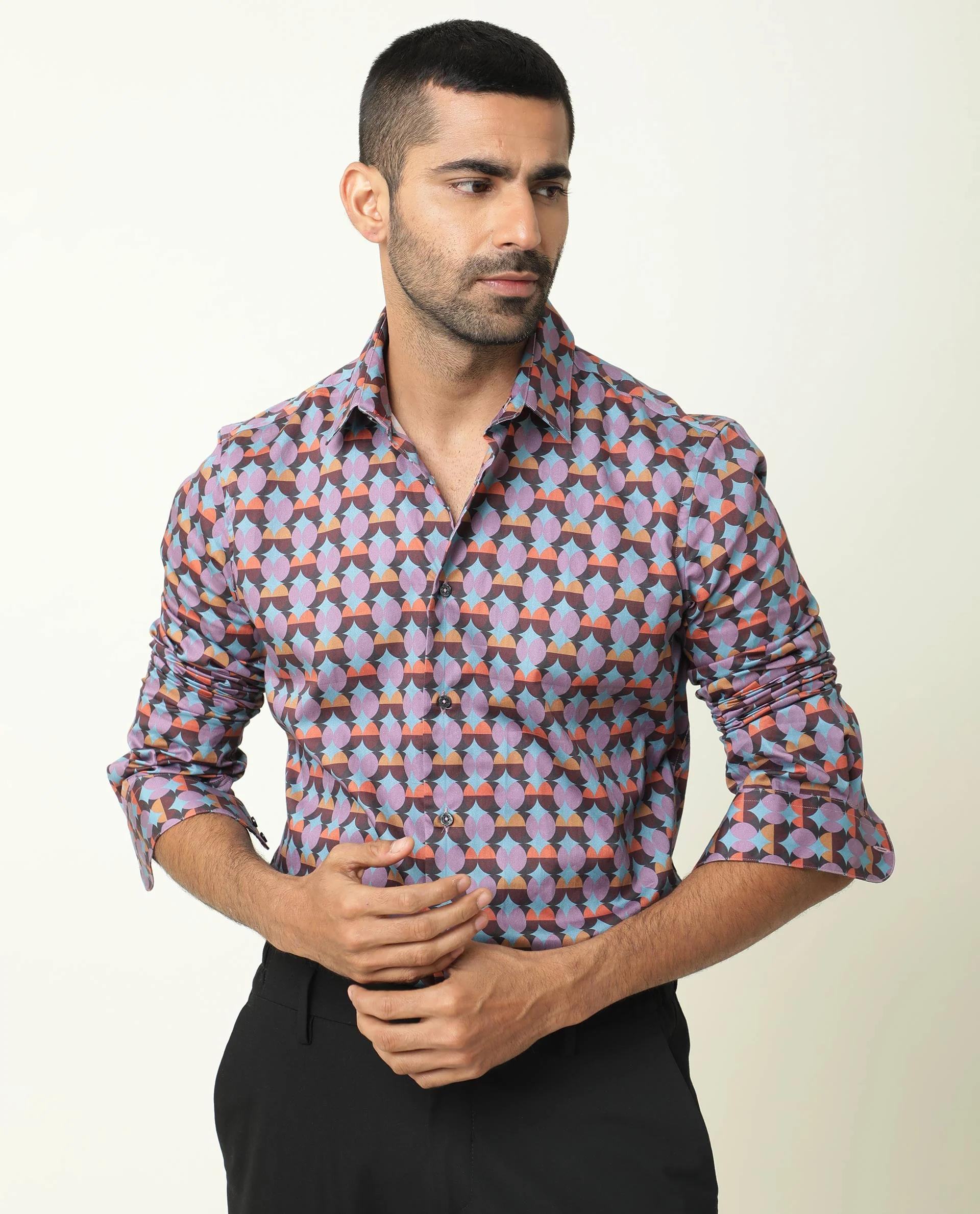 Rare Rabbit Men's Coret Multi Cotton Geometric Print Regular Fit Full Sleeve Collared Shirt - Image 3