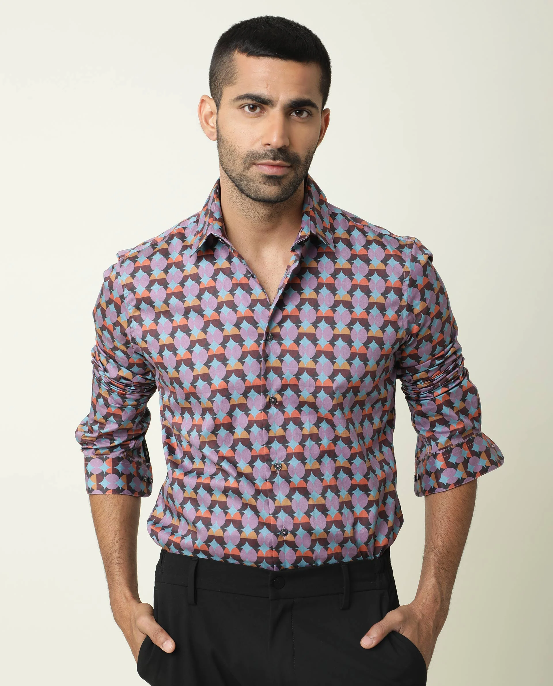 Rare Rabbit Men's Coret Multi Cotton Geometric Print Regular Fit Full Sleeve Collared Shirt - Image 4