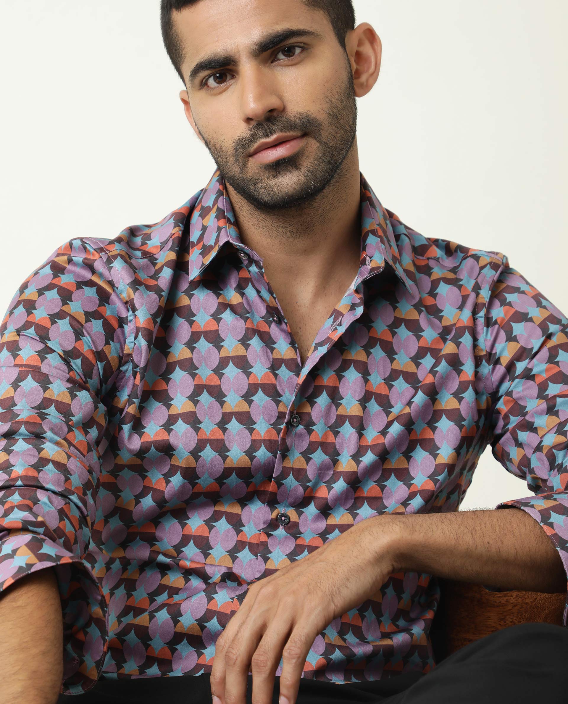 Rare Rabbit Men's Coret Multi Cotton Geometric Print Regular Fit Full Sleeve Collared Shirt - Image 5