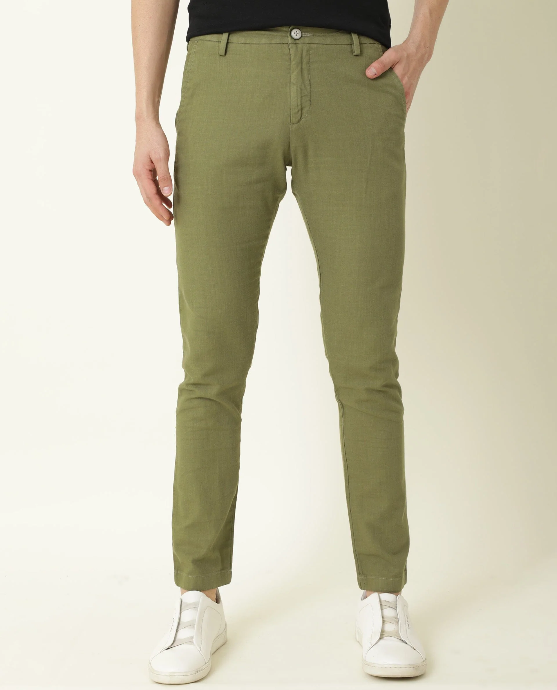 Rare Rabbit Men's Corn Green Cotton Plain Regular Fit Trouser