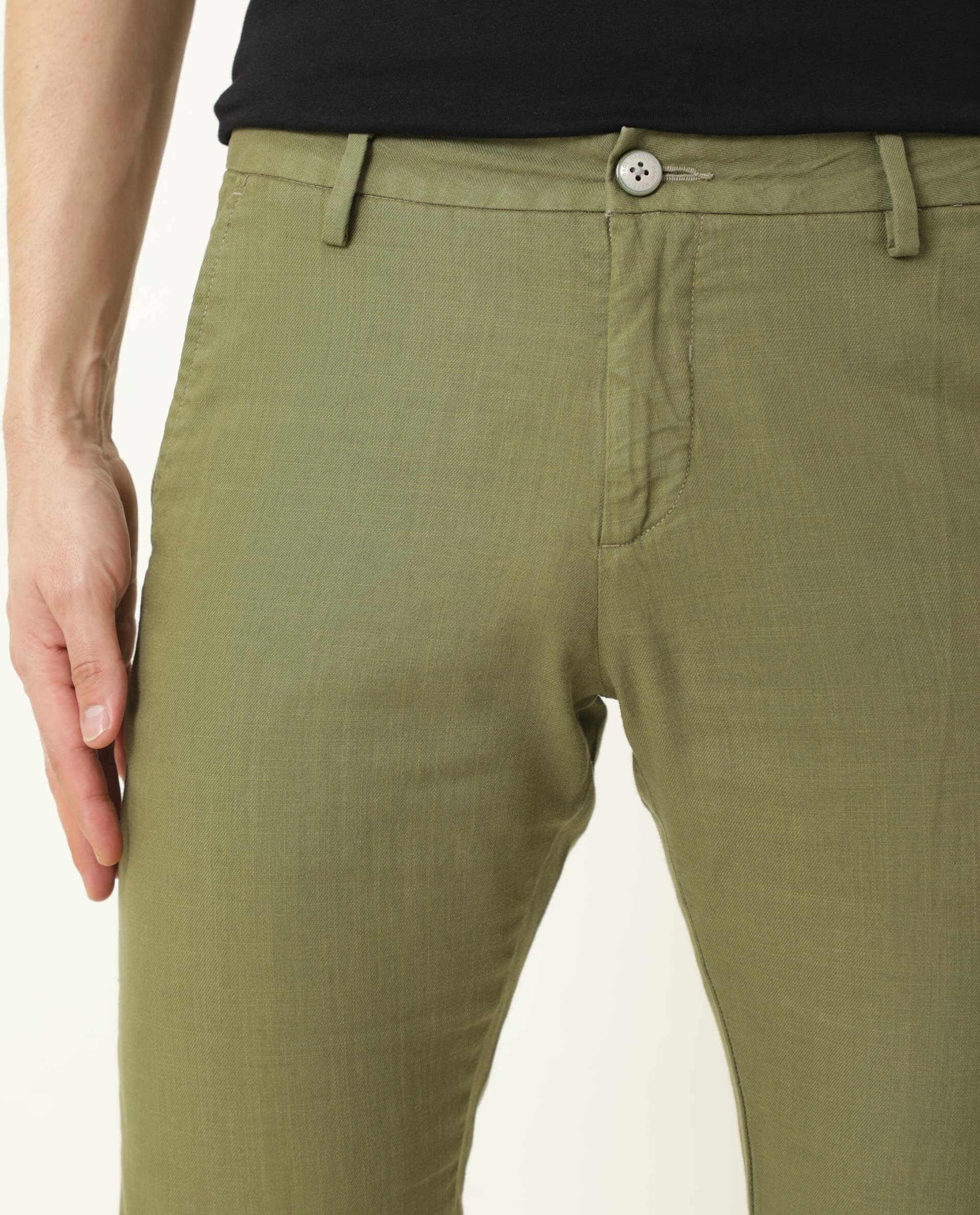 Rare Rabbit Men's Corn Green Cotton Plain Regular Fit Trouser - Image 2