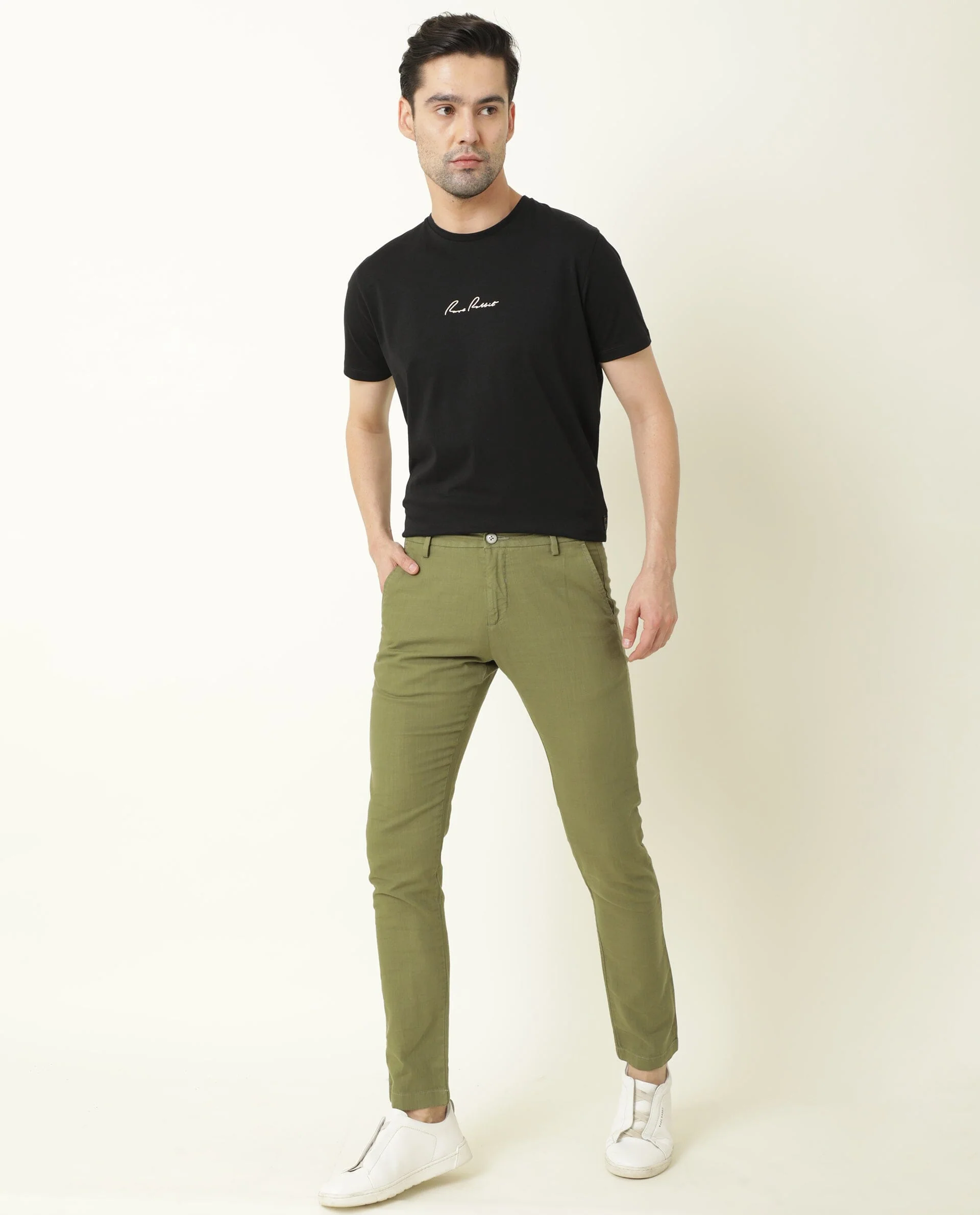 Rare Rabbit Men's Corn Green Cotton Plain Regular Fit Trouser - Image 3