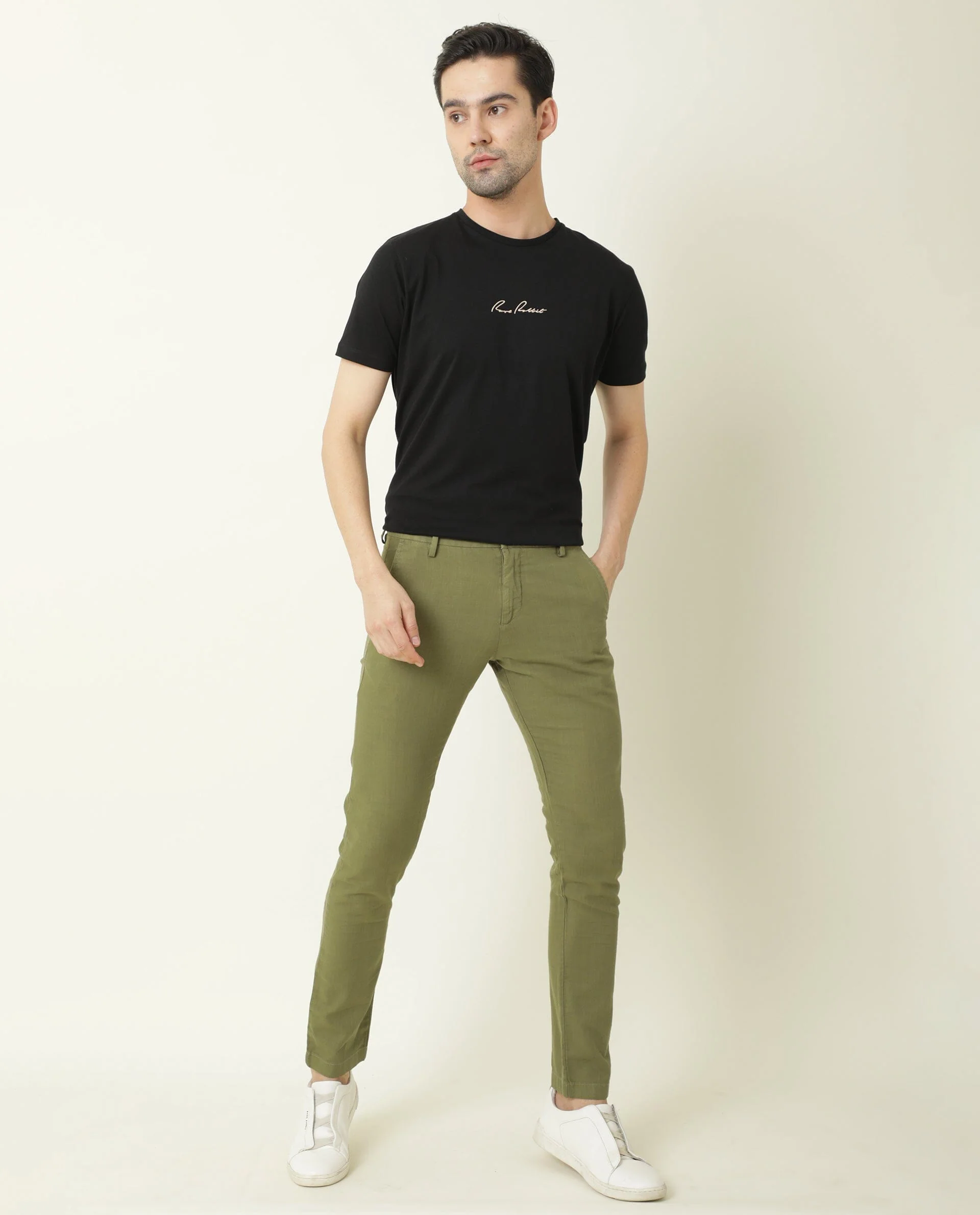 Rare Rabbit Men's Corn Green Cotton Plain Regular Fit Trouser - Image 4