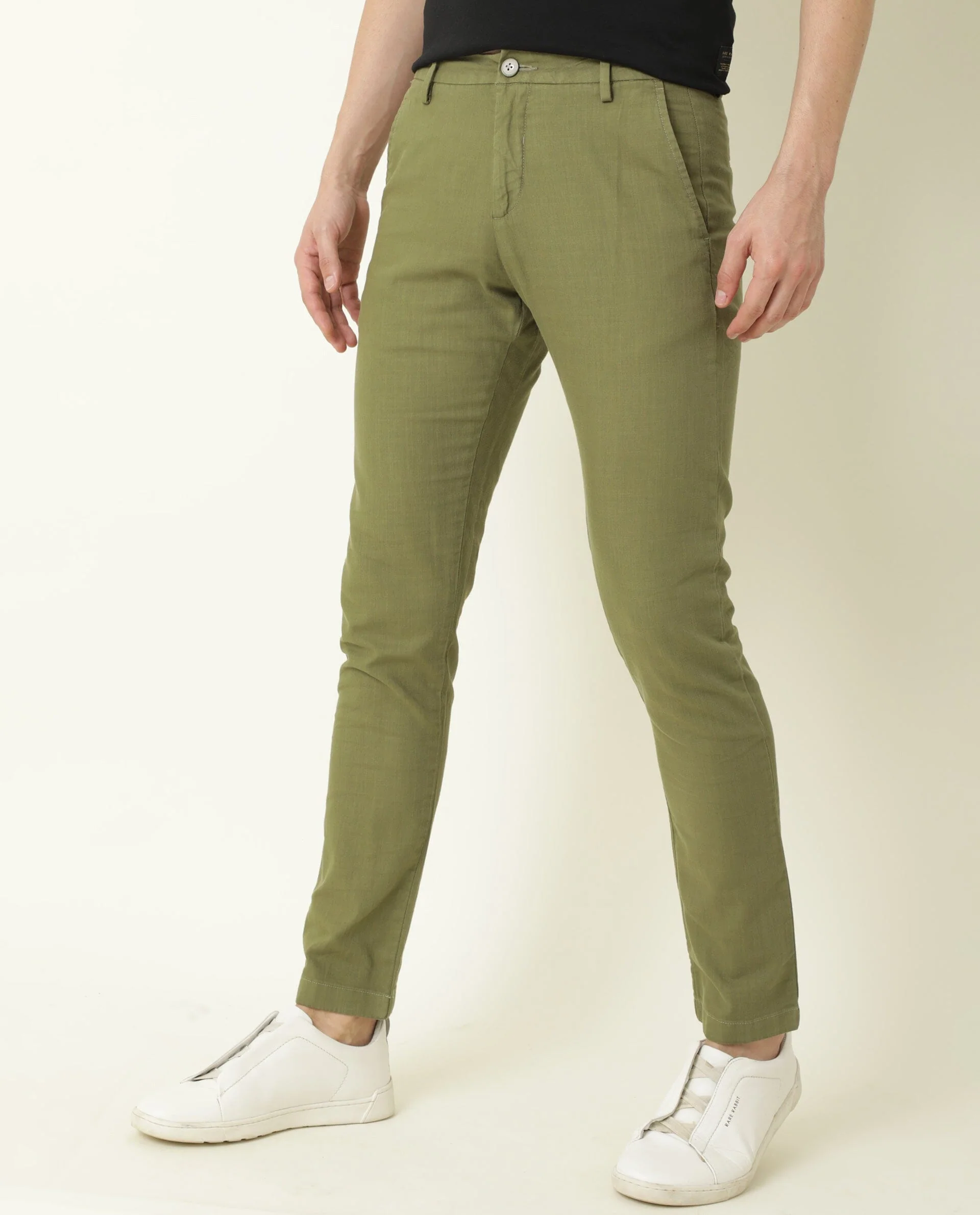 Rare Rabbit Men's Corn Green Cotton Plain Regular Fit Trouser - Image 5