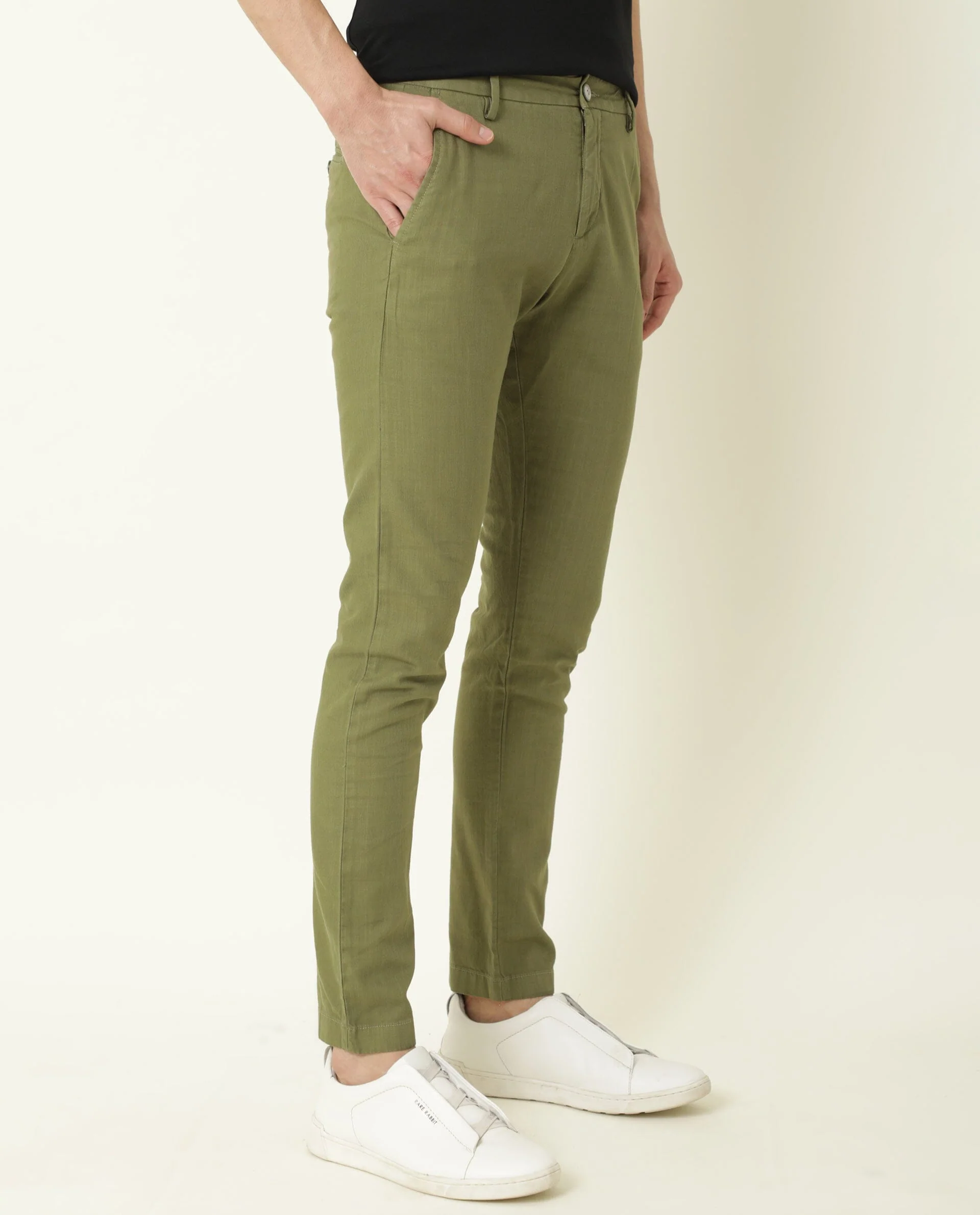 Rare Rabbit Men's Corn Green Cotton Plain Regular Fit Trouser - Image 6