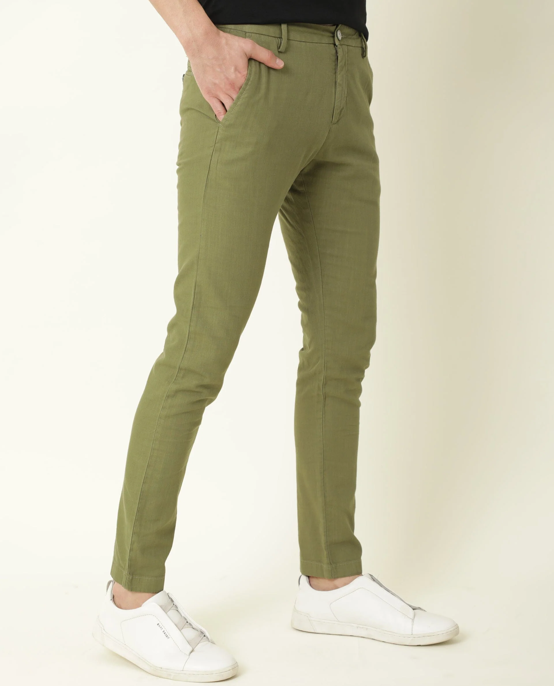 Rare Rabbit Men's Corn Green Cotton Plain Regular Fit Trouser - Image 7