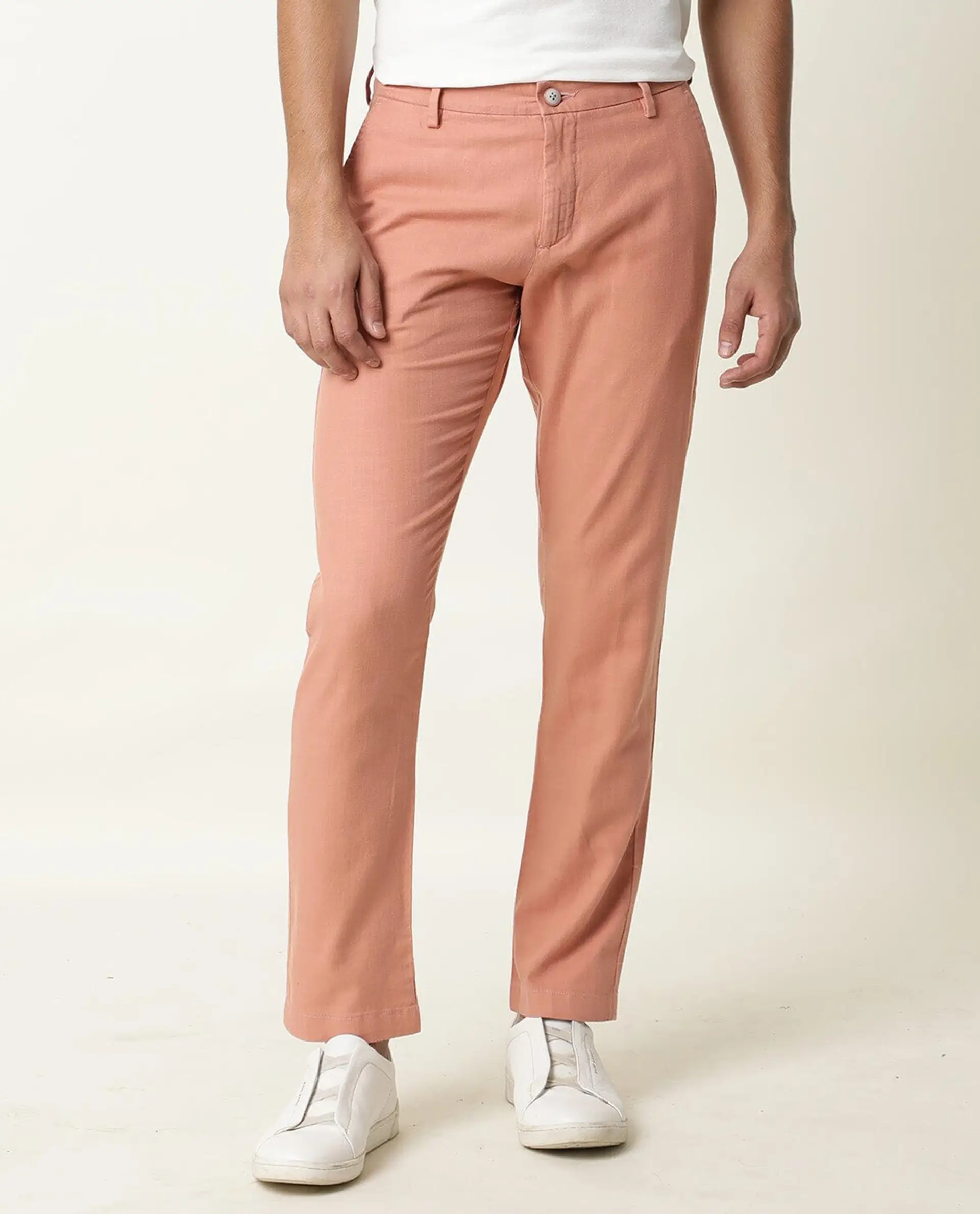 Rare Rabbit Men's Corn Pink Cotton Plain Regular Fit Trouser - Image 11