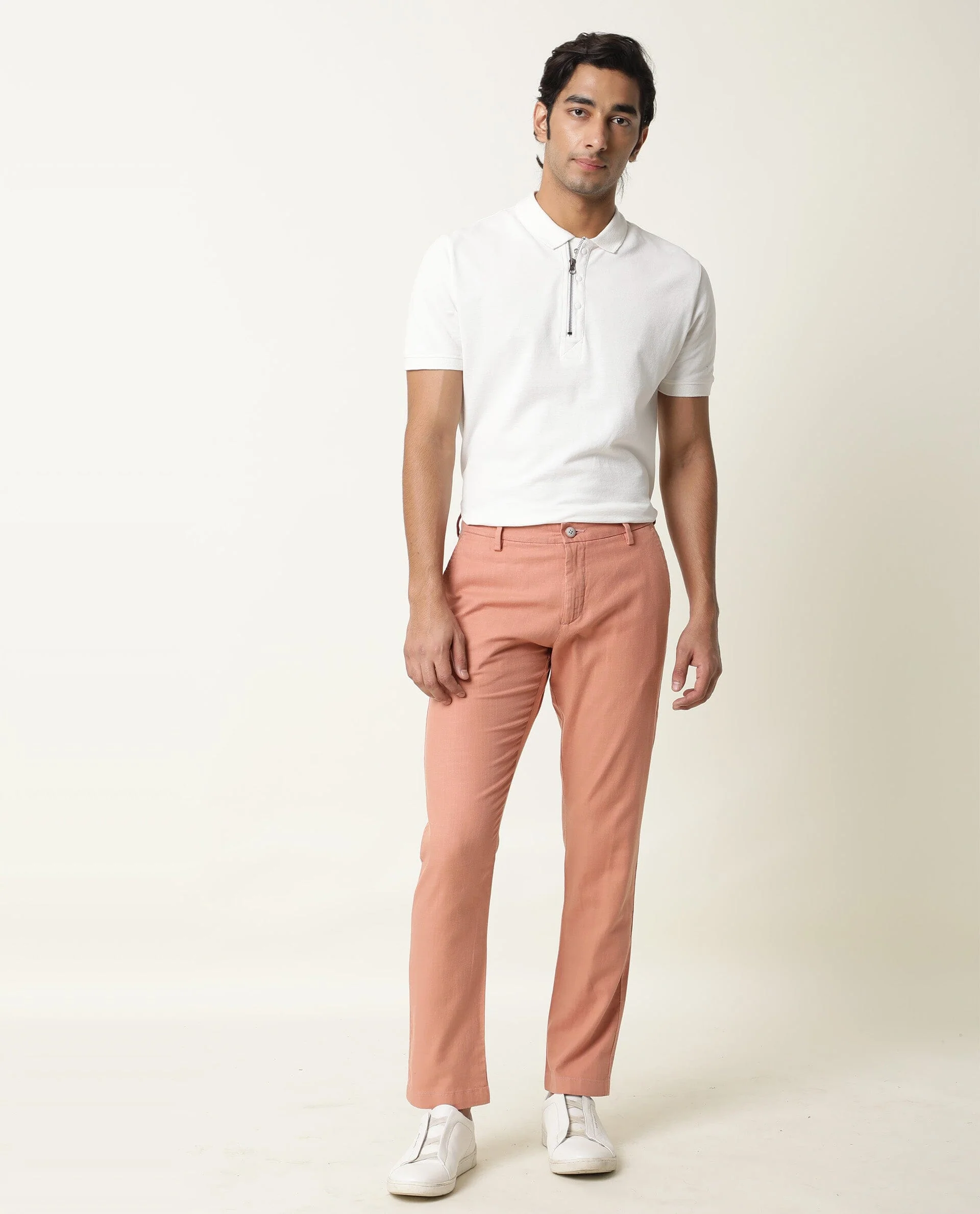 Rare Rabbit Men's Corn Pink Cotton Plain Regular Fit Trouser - Image 3