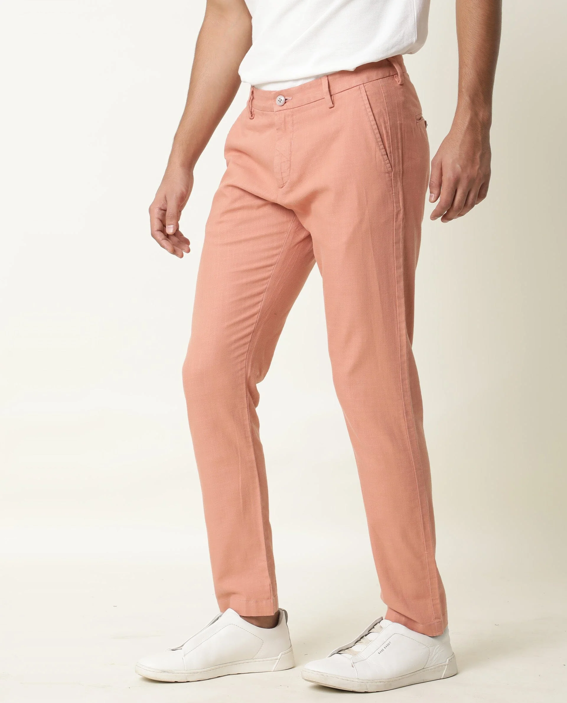Rare Rabbit Men's Corn Pink Cotton Plain Regular Fit Trouser - Image 5