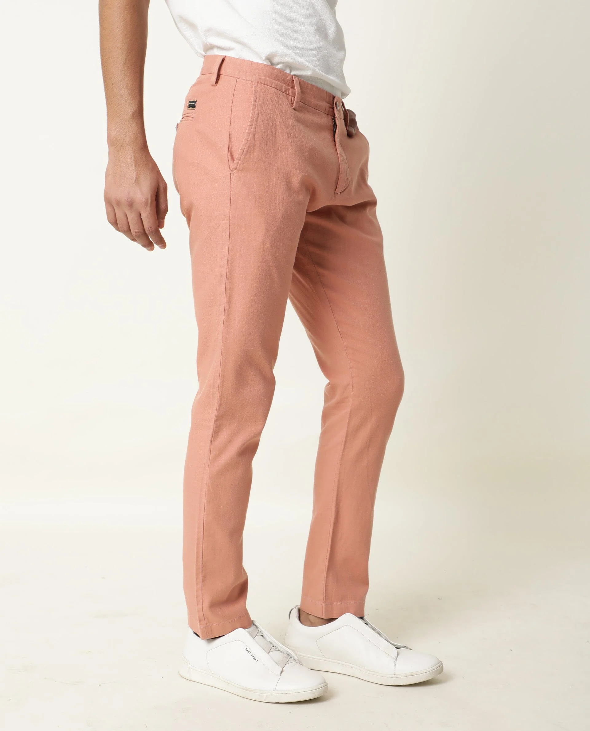 Rare Rabbit Men's Corn Pink Cotton Plain Regular Fit Trouser - Image 6