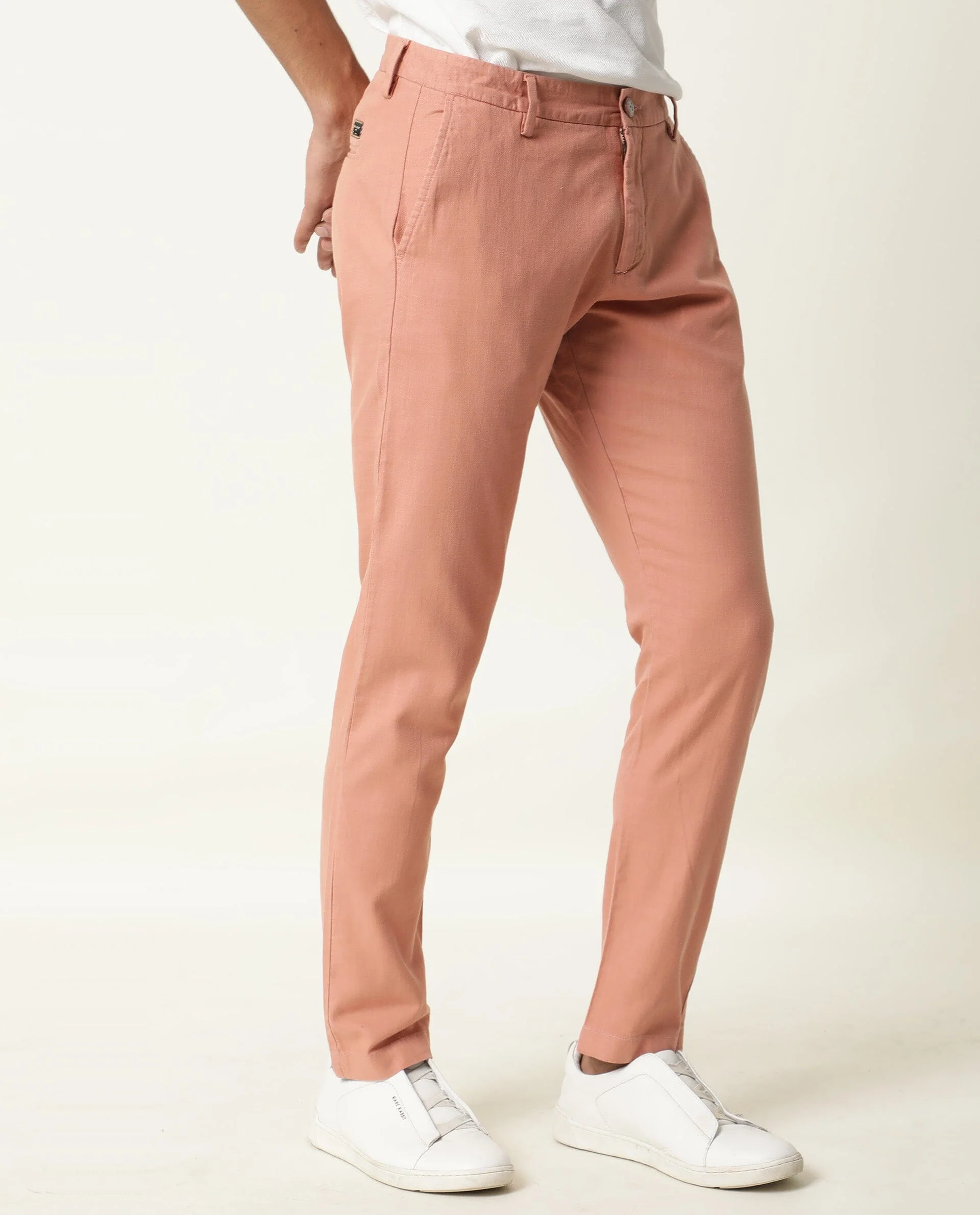 Rare Rabbit Men's Corn Pink Cotton Plain Regular Fit Trouser - Image 8