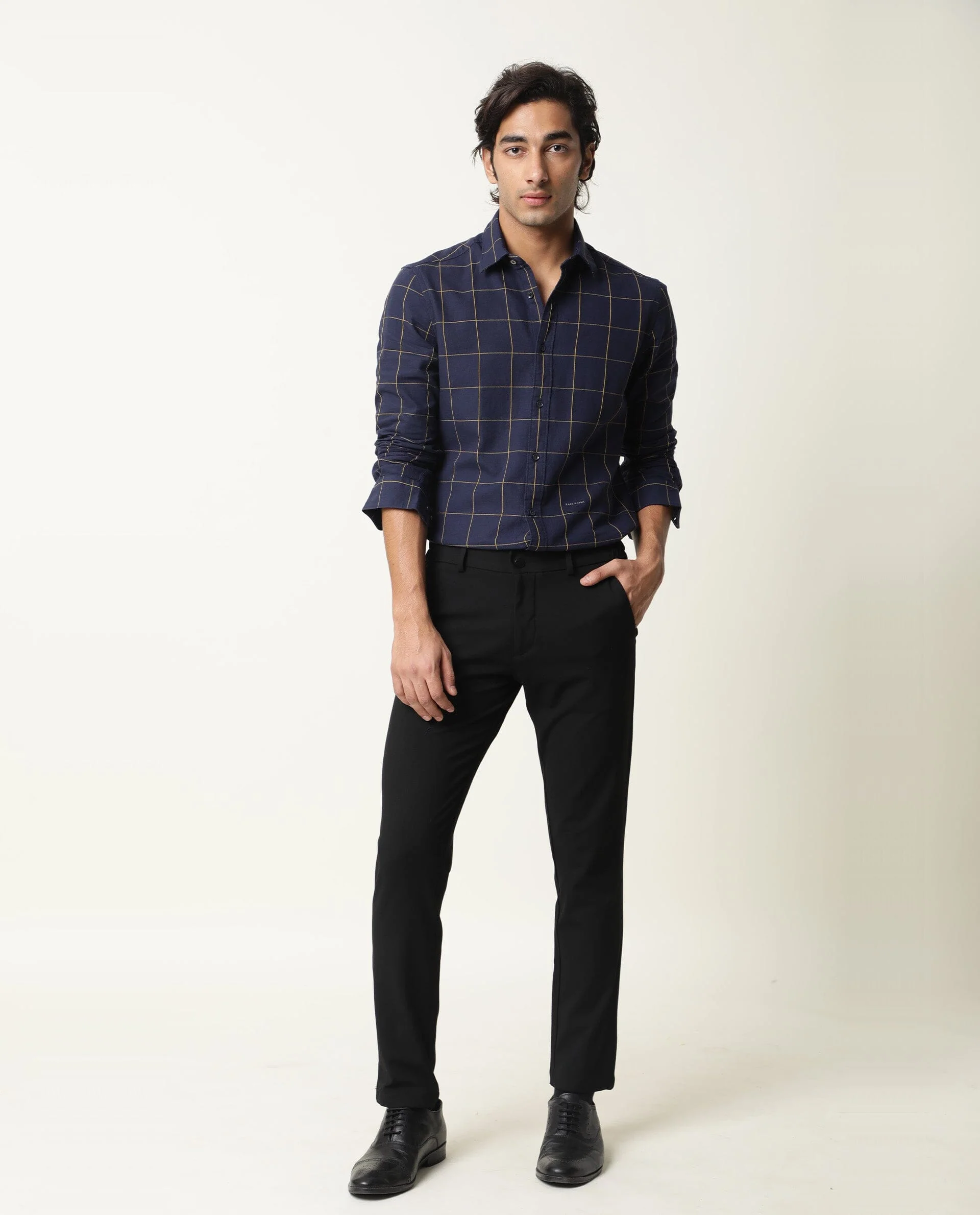 Rare Rabbit Men's Corneto Navy Cotton Checked Print Regular Fit Full Sleeve Collared Shirt - Image 2