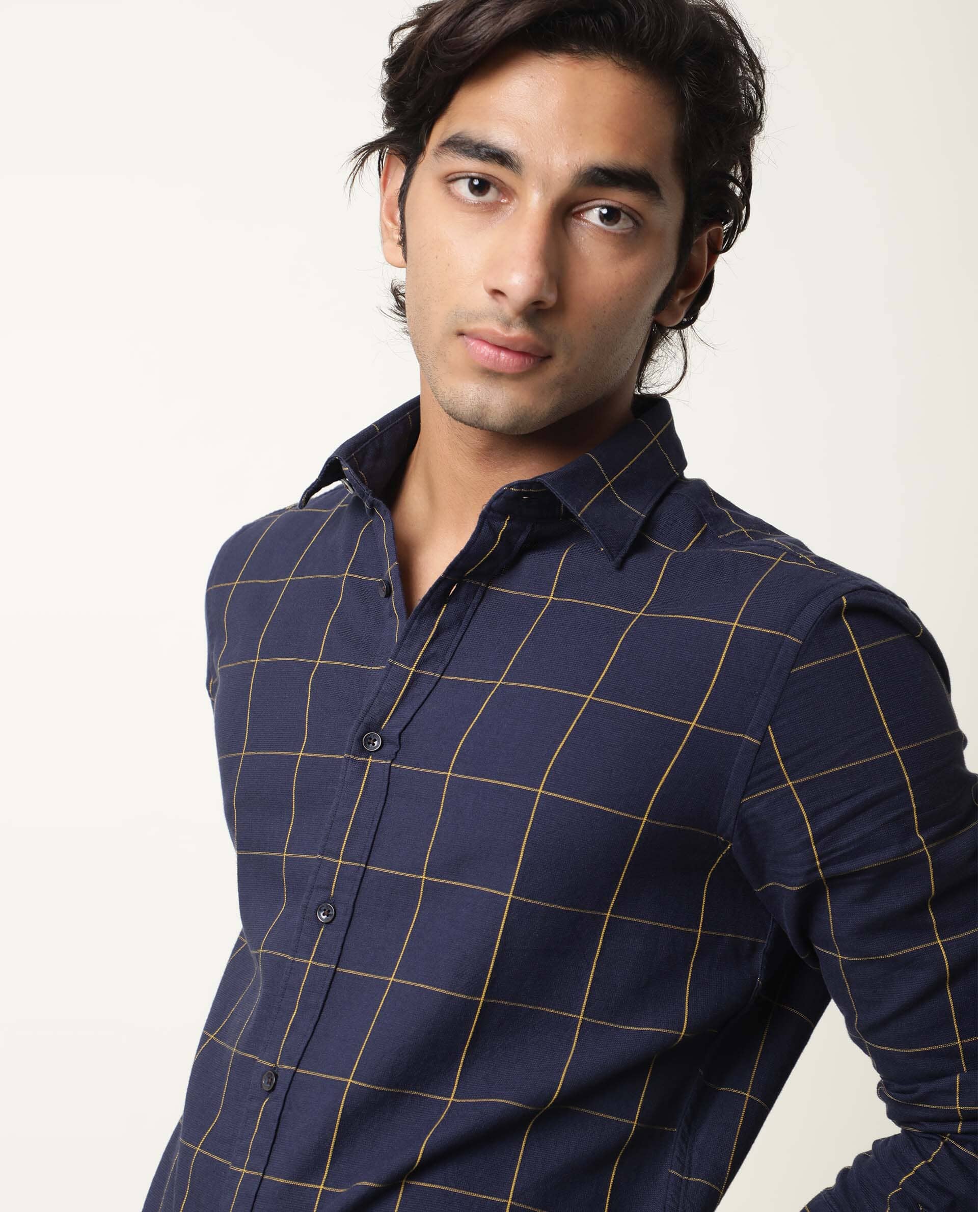 Rare Rabbit Men's Corneto Navy Cotton Checked Print Regular Fit Full Sleeve Collared Shirt - Image 3