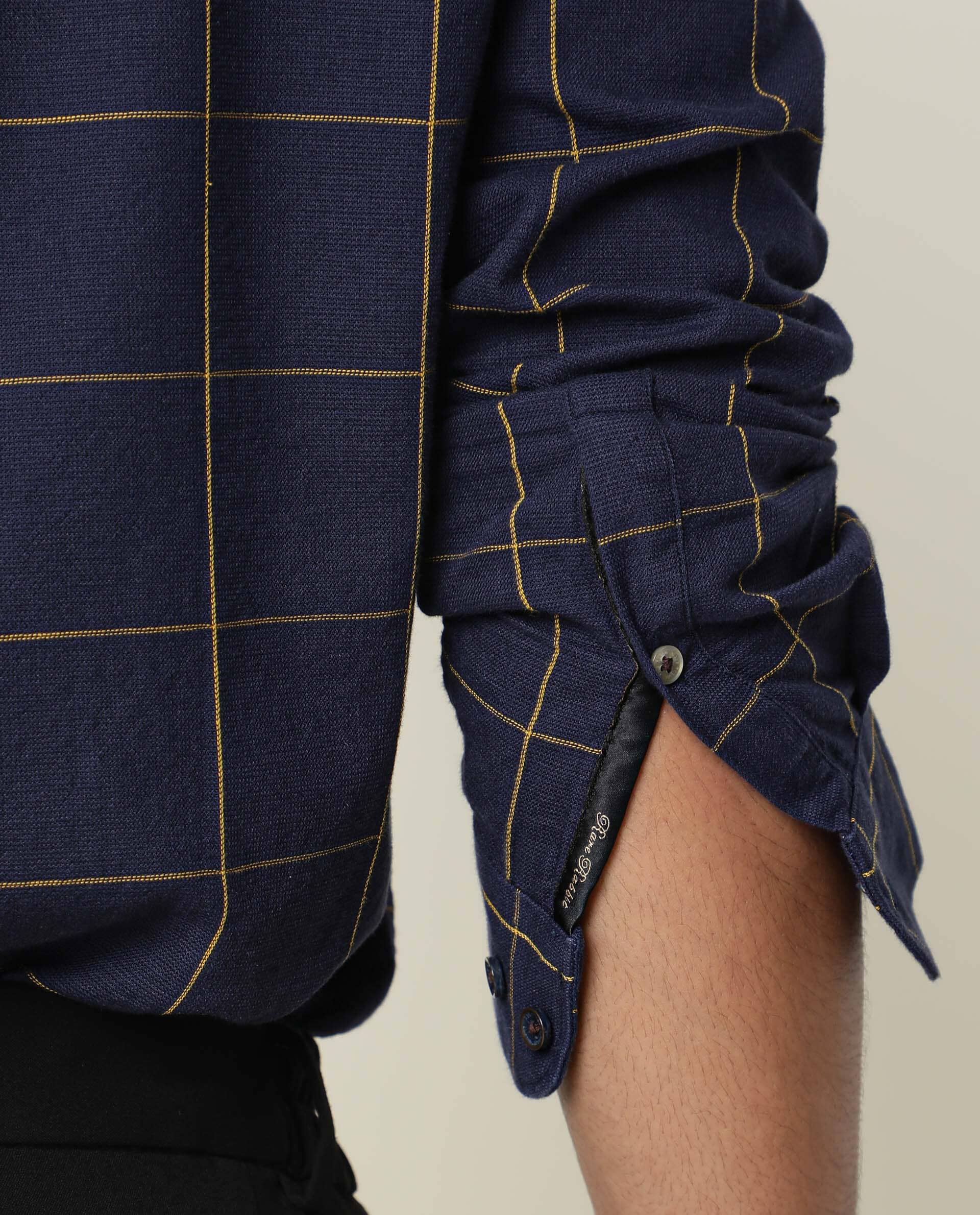 Rare Rabbit Men's Corneto Navy Cotton Checked Print Regular Fit Full Sleeve Collared Shirt - Image 4