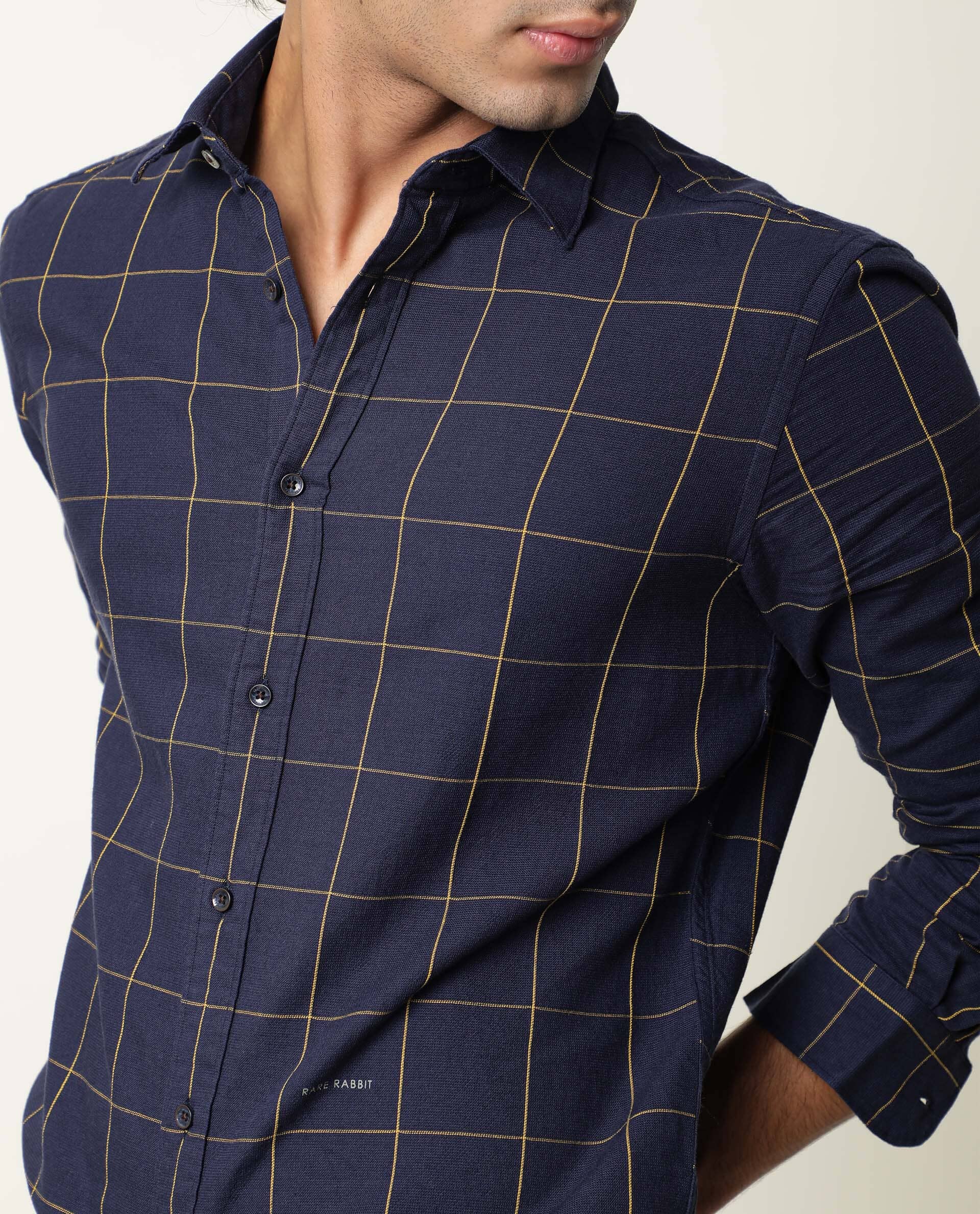 Rare Rabbit Men's Corneto Navy Cotton Checked Print Regular Fit Full Sleeve Collared Shirt - Image 5